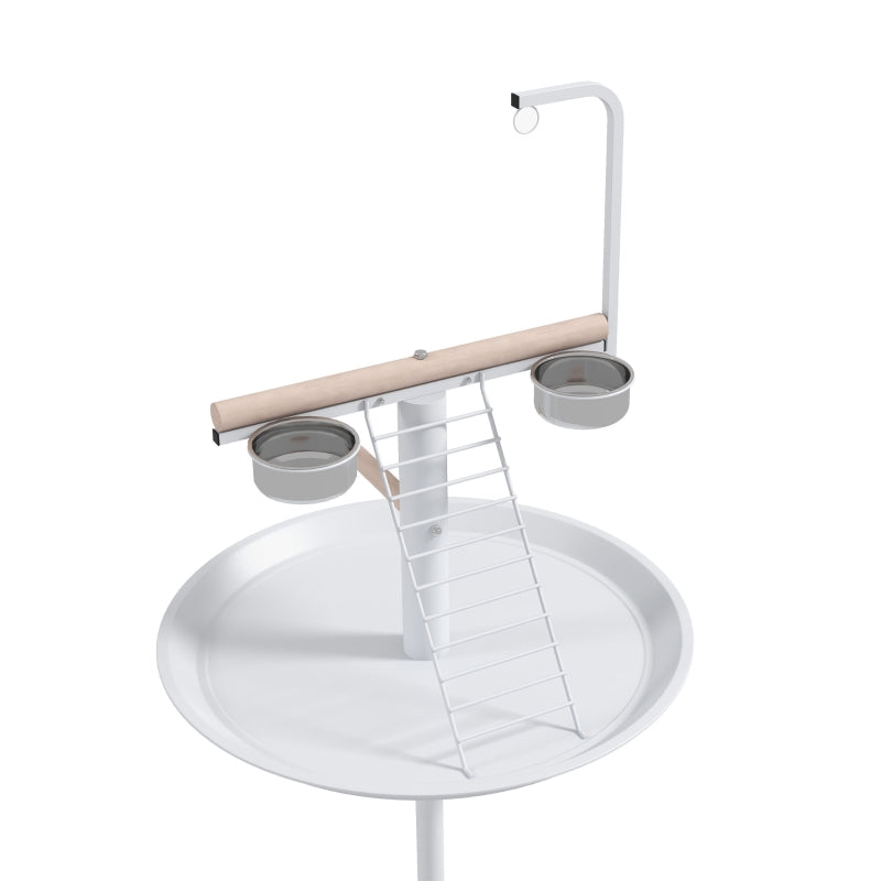 Bird Stand with Four Wheels, Perches, Stainless Steel Feed Bowls, Round Tray - White