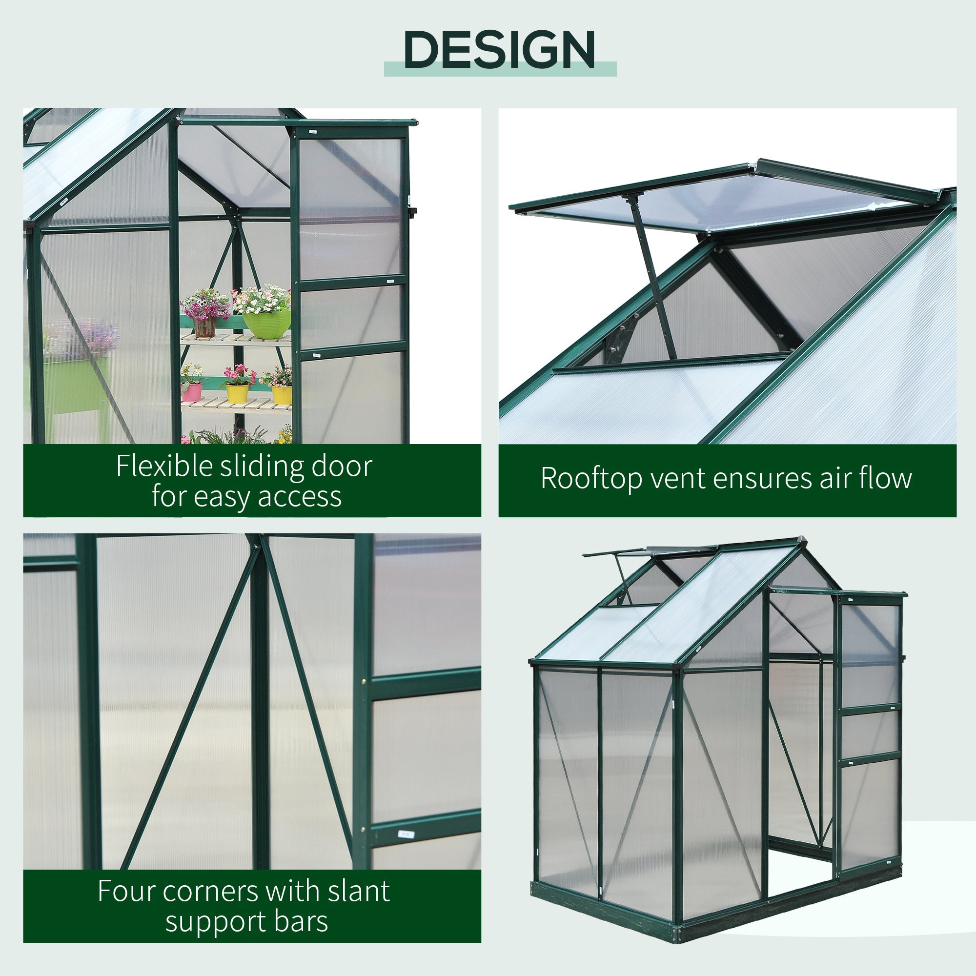 Polycarbonate Greenhouse, Large Walk-In 6 x 4ft with Slide Door and Window, Aluminium Frame, Dark Green