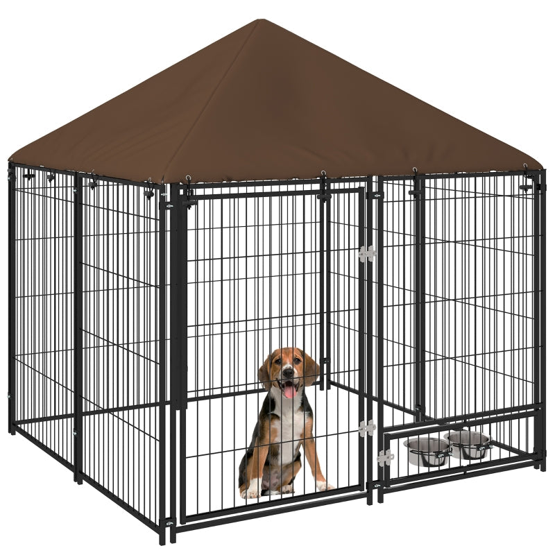 Outdoor Dog Kennel Play Pen with Canopy and Rotating Bowl