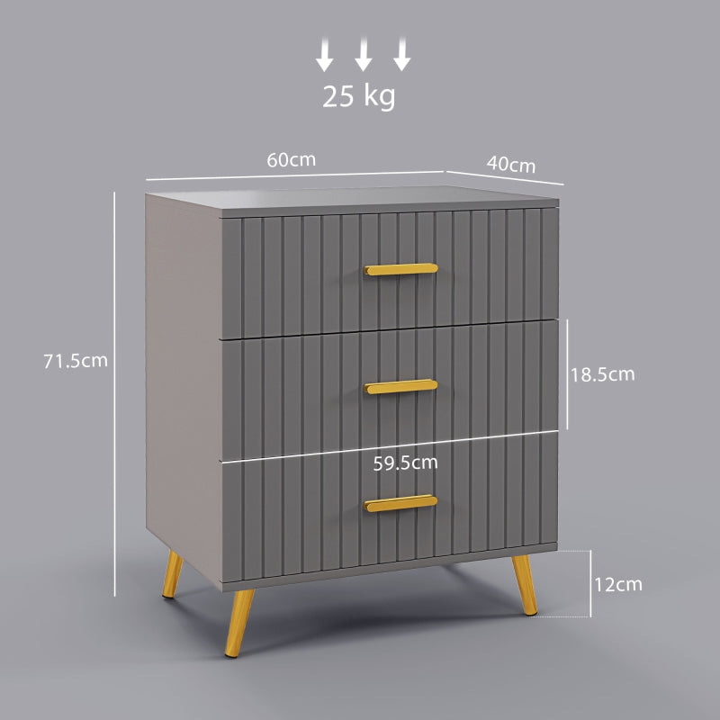 Three Drawer Dresser with Embossed Line - Grey/Gold Tone
