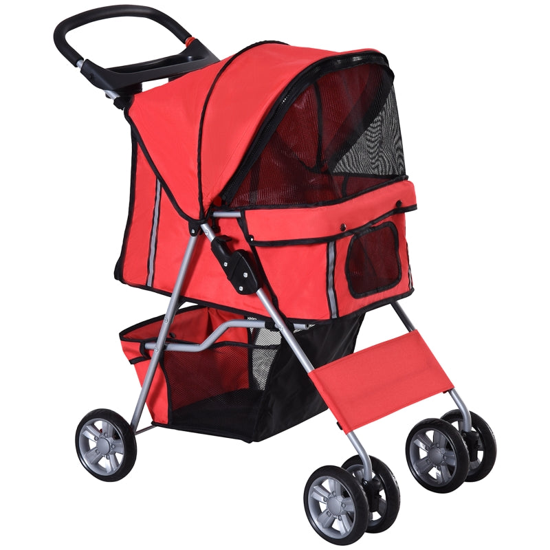 Pet Stroller, Dog Pram, Foldable Pushchair with Wheels and Zipper Entry, Red