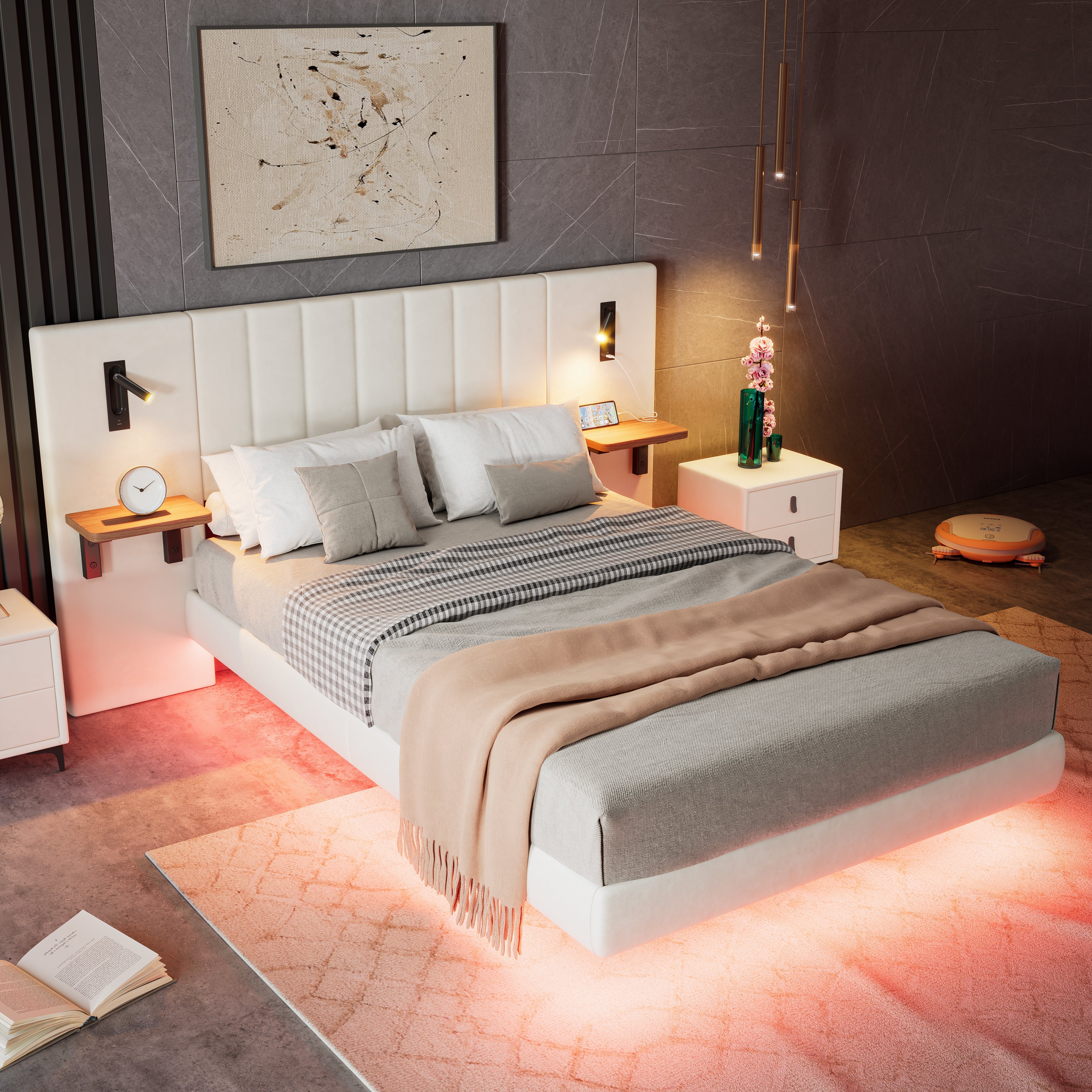 Upholstered Bed, 4ft6 Double, 2 Bedside Lamps, Headboard Storage & Charging, Velvet+Iron, White