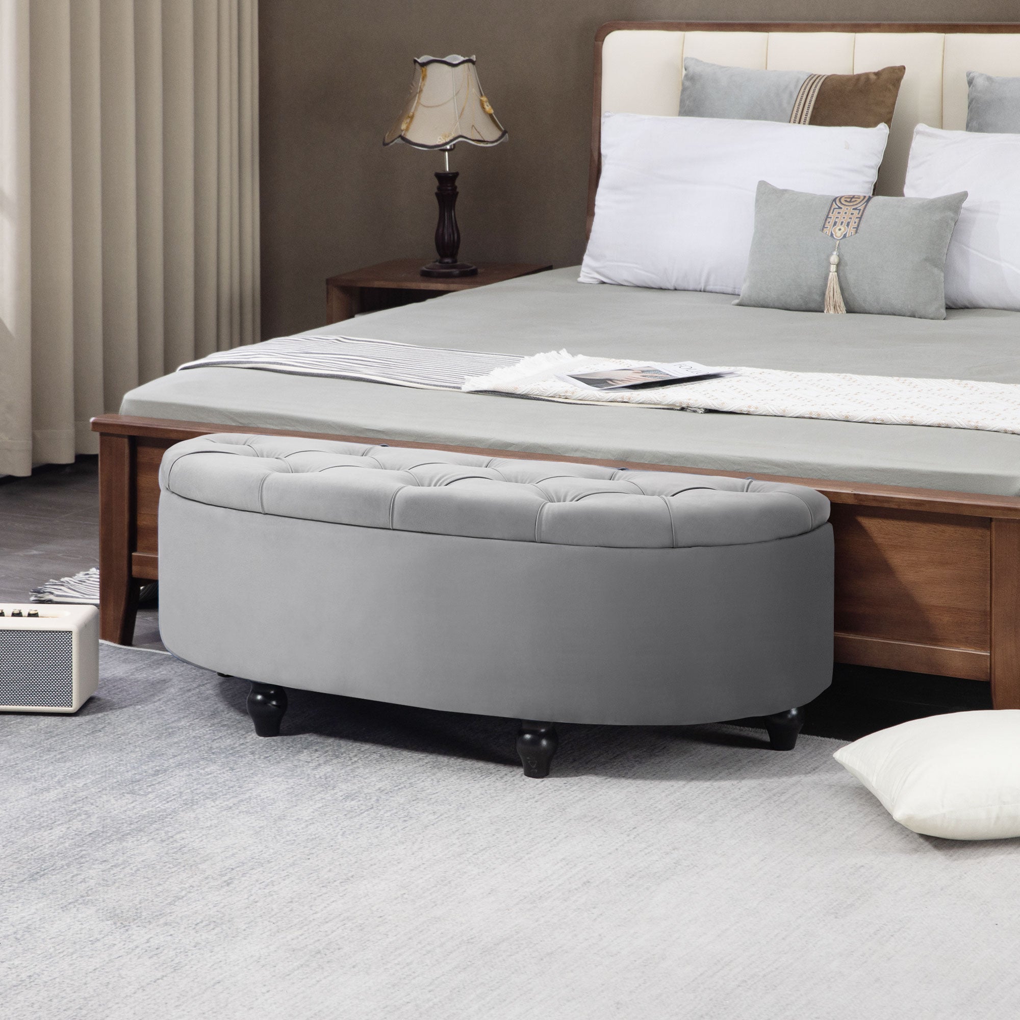Semi-Circle Ottoman Storage Bench, Tufted Upholstered, Light Grey