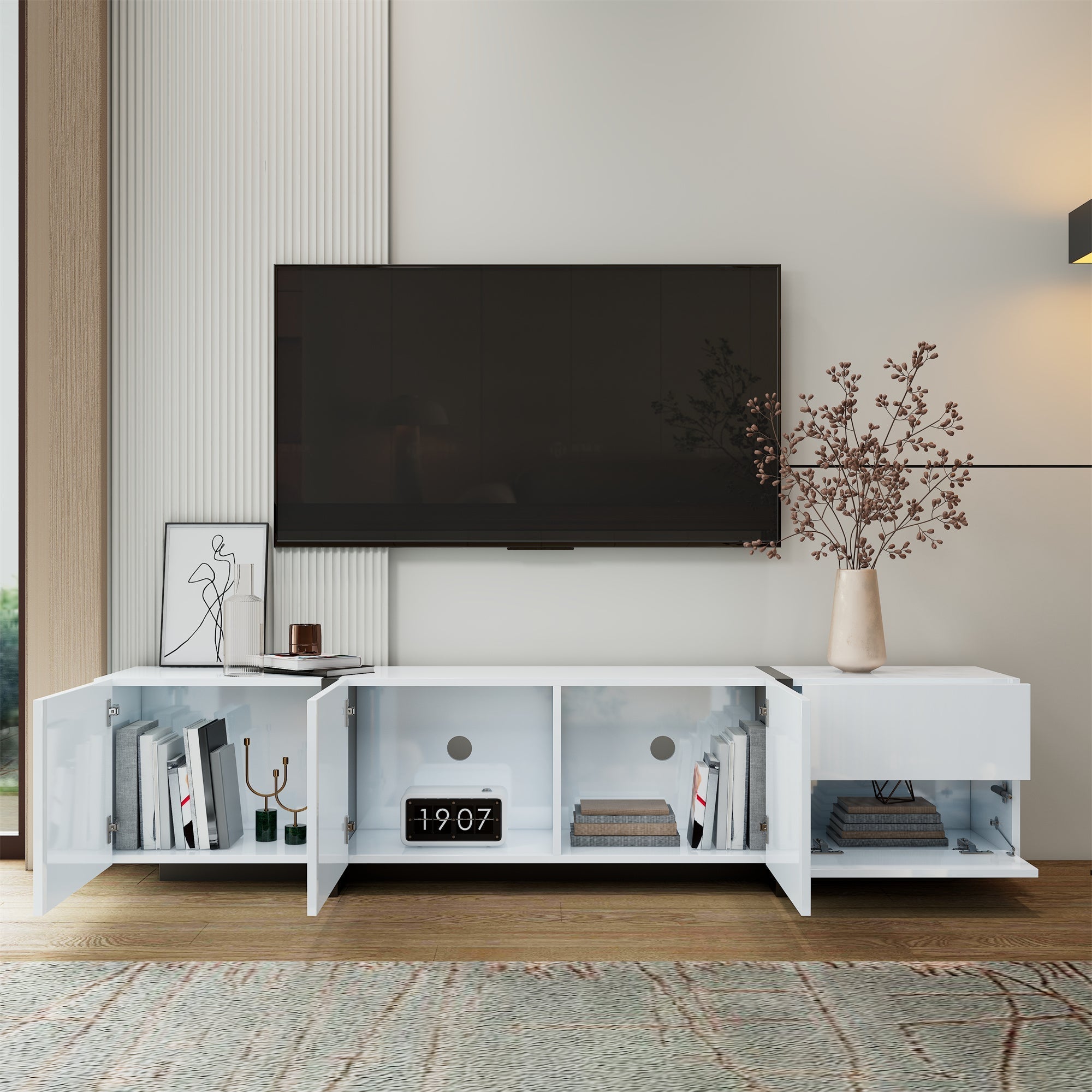 TV Cabinet: White High-Gloss with Black Legs and Simple Doors/Drawers