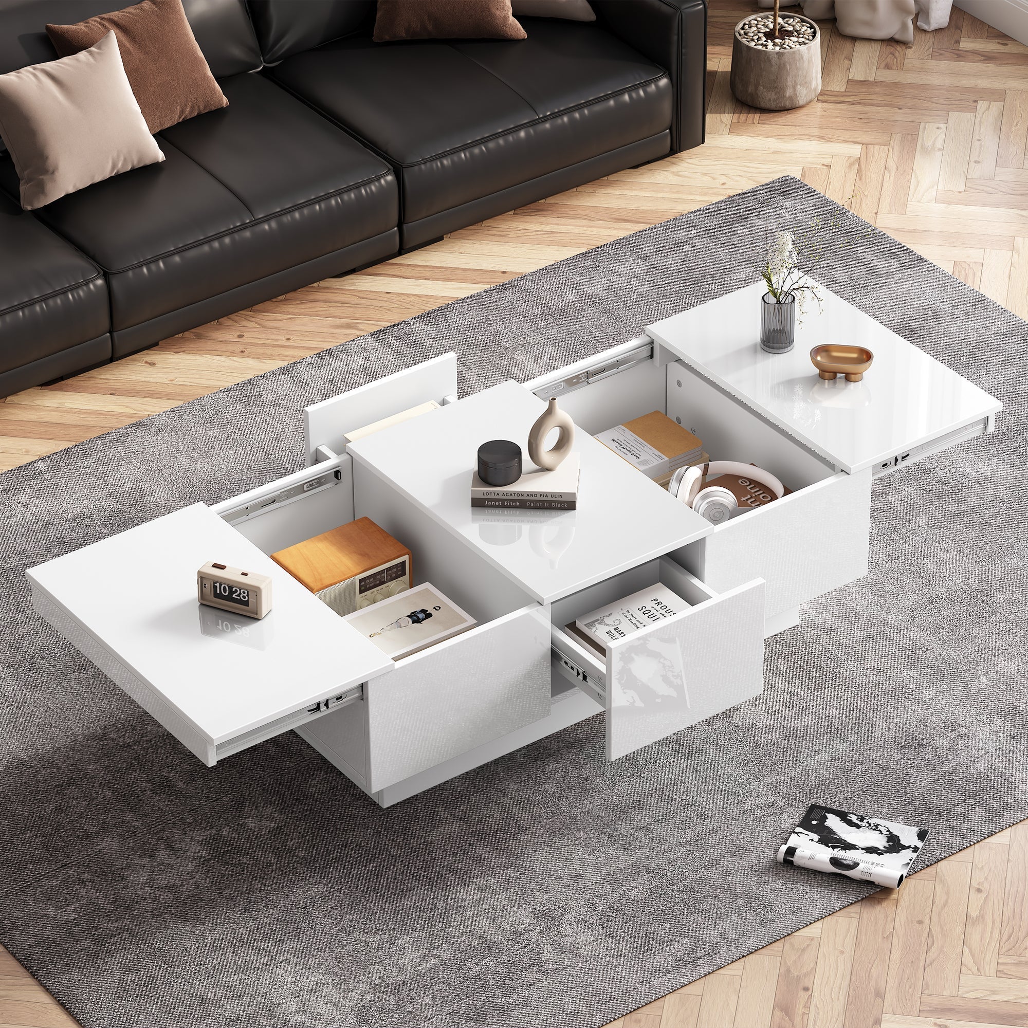 Coffee Table for Living Room, Modern Side Table with 2 Drawers and 2 Big Storage Space, White High Gloss Particle Board