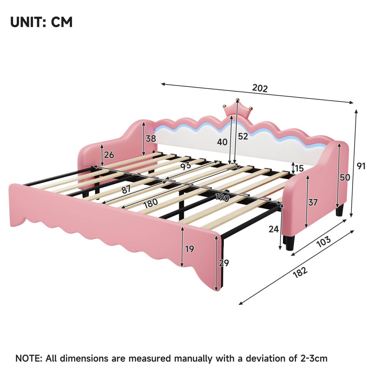3FT Single Daybed with LED Crown Headboard – PU Leather Sofa Bed with Trundle for Living Room or Bedroom