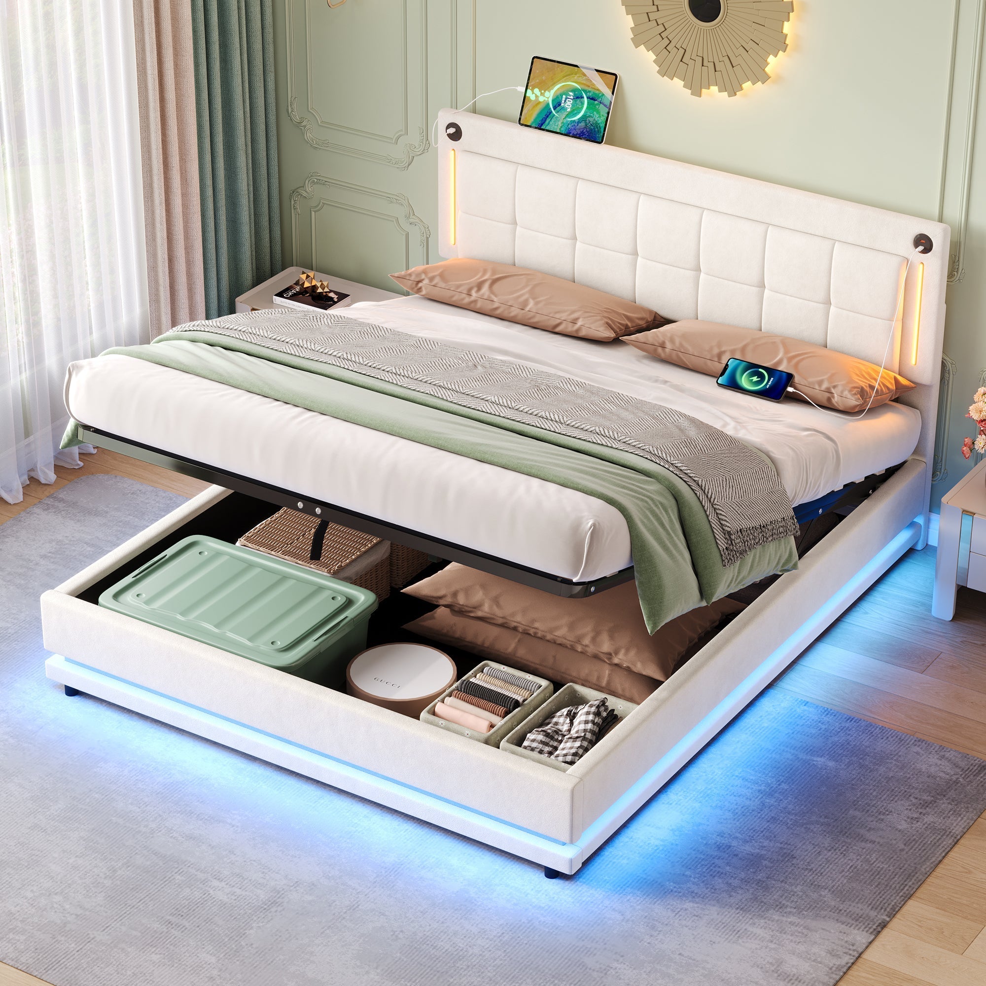 5ft King LED Hydraulic Bed with Charging Station, Adjustable Square Tufted Headboard with Intelligent Control Light, Soft Velvet Bed Frame with USB and Type-C Ports, Beige