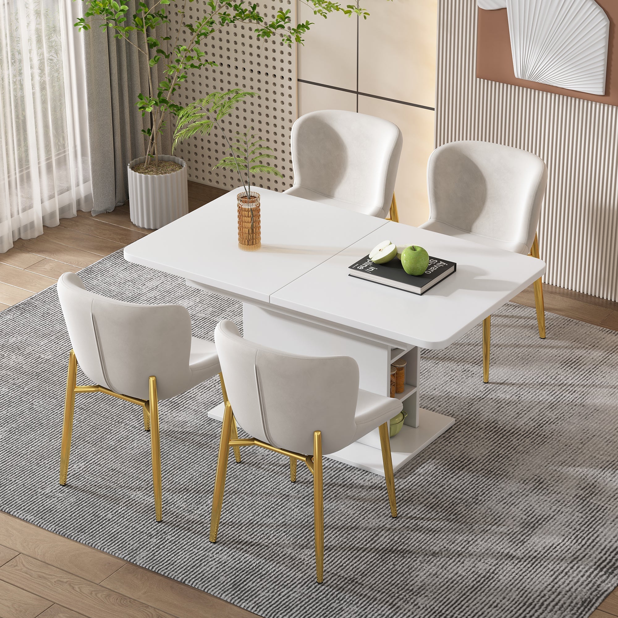 Dining Table - Extendable, Storage, Rectangular, Coffee Leisure, Modern Simple Iron, Space-Saving, Multifunctional - White