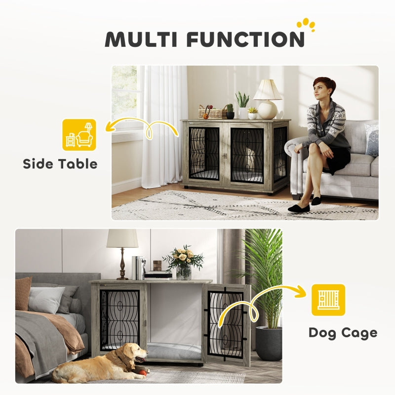 PawHut Indoor Dog Crate Furniture End Table with Cushion, Lockable Door, for Extra Large Dogs - Grey