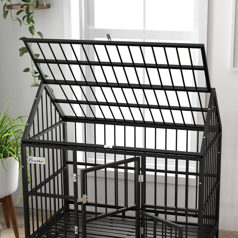 Dog Crate Heavy Duty on Wheels, Removable Tray, Openable Top, L/XL - Black