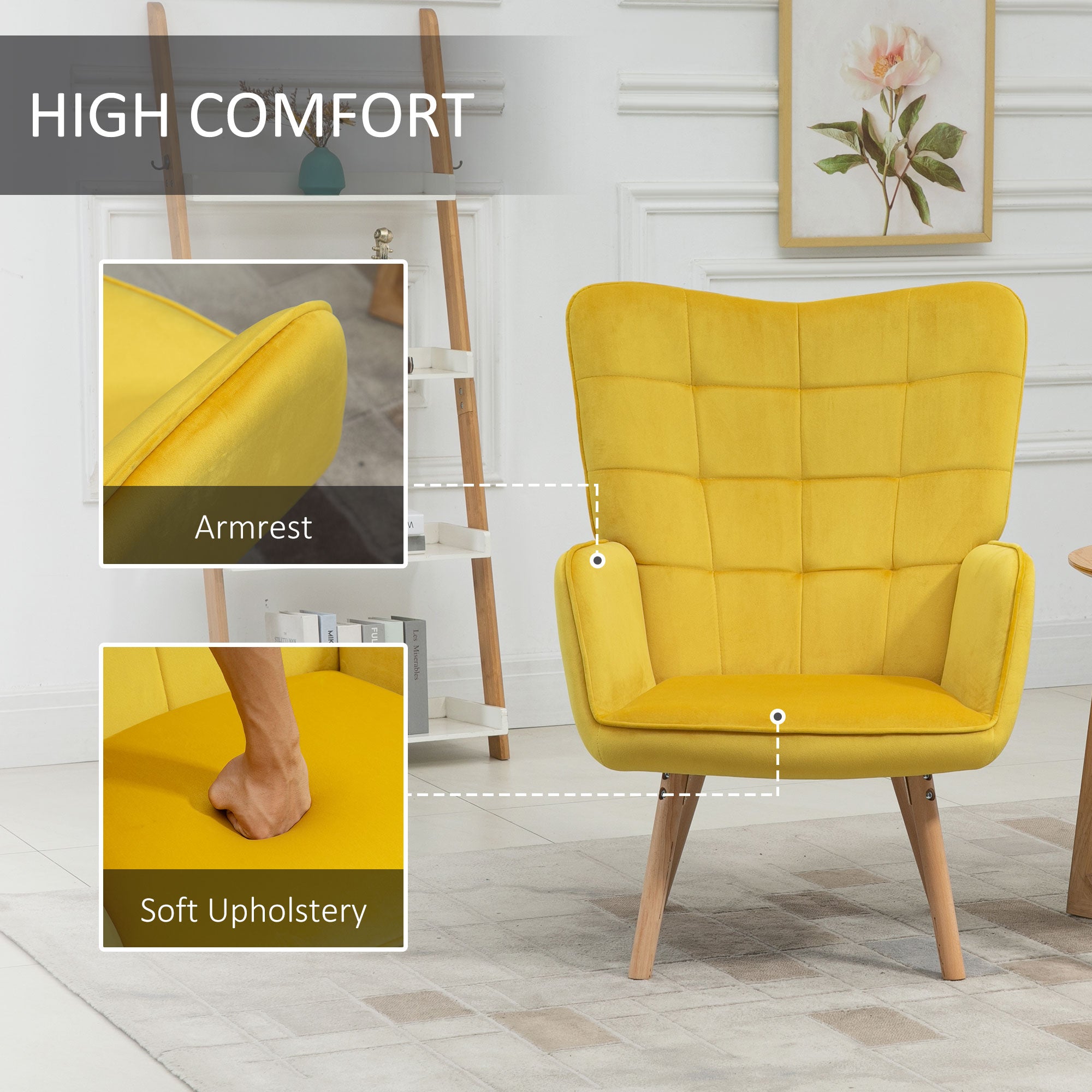 Modern Accent Chair, Tufted Wingback Armchair with Wood Legs, Yellow Velvet