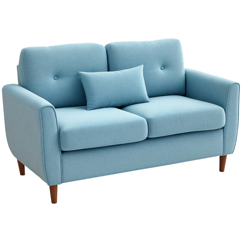 2 Seater Sofa - Spring Cushion, Wooden Legs, Tufted Couch, Light Blue Fabric