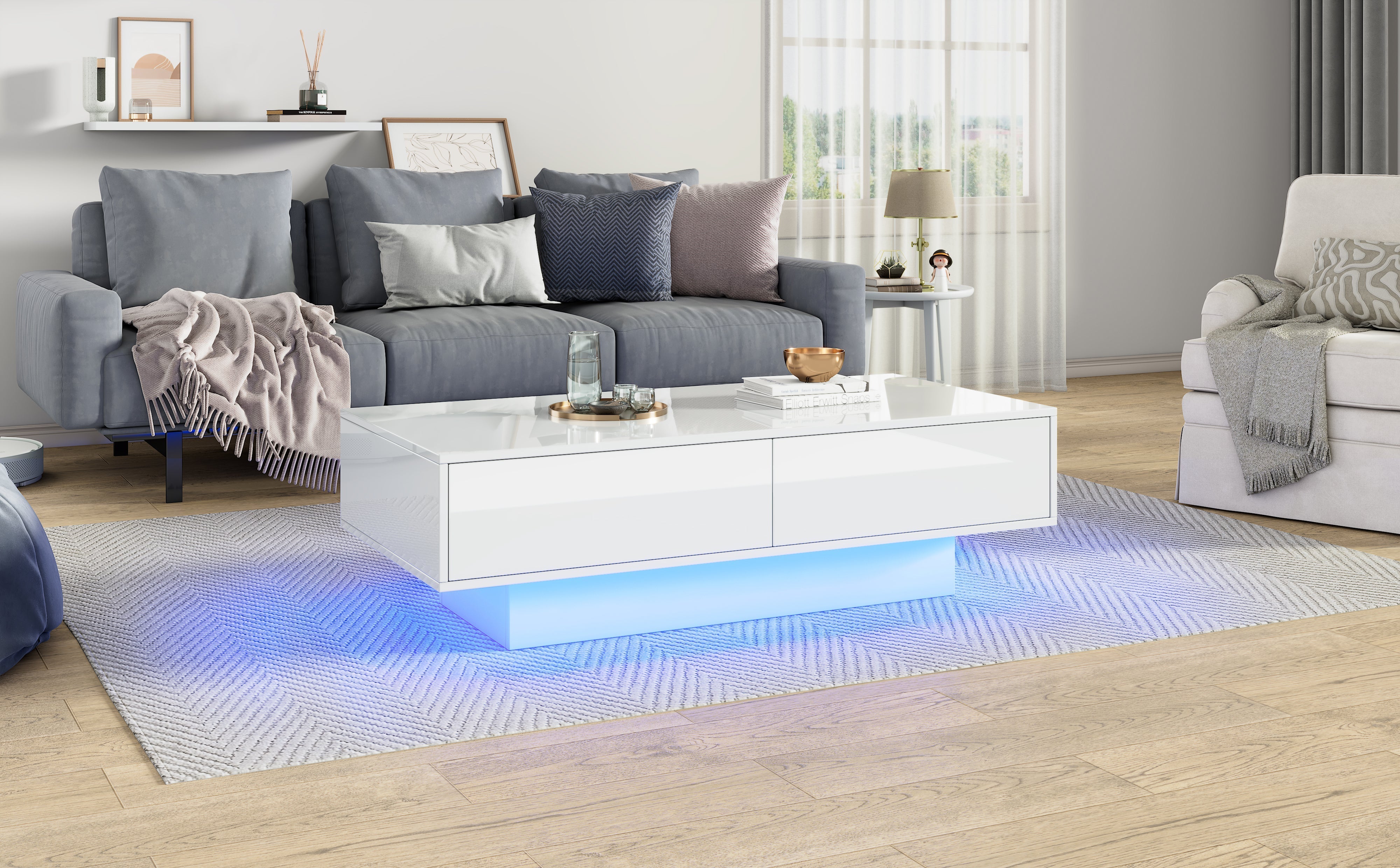 White High Gloss LED Coffee Table with 16 Colors LED Lights and 2 Drawers