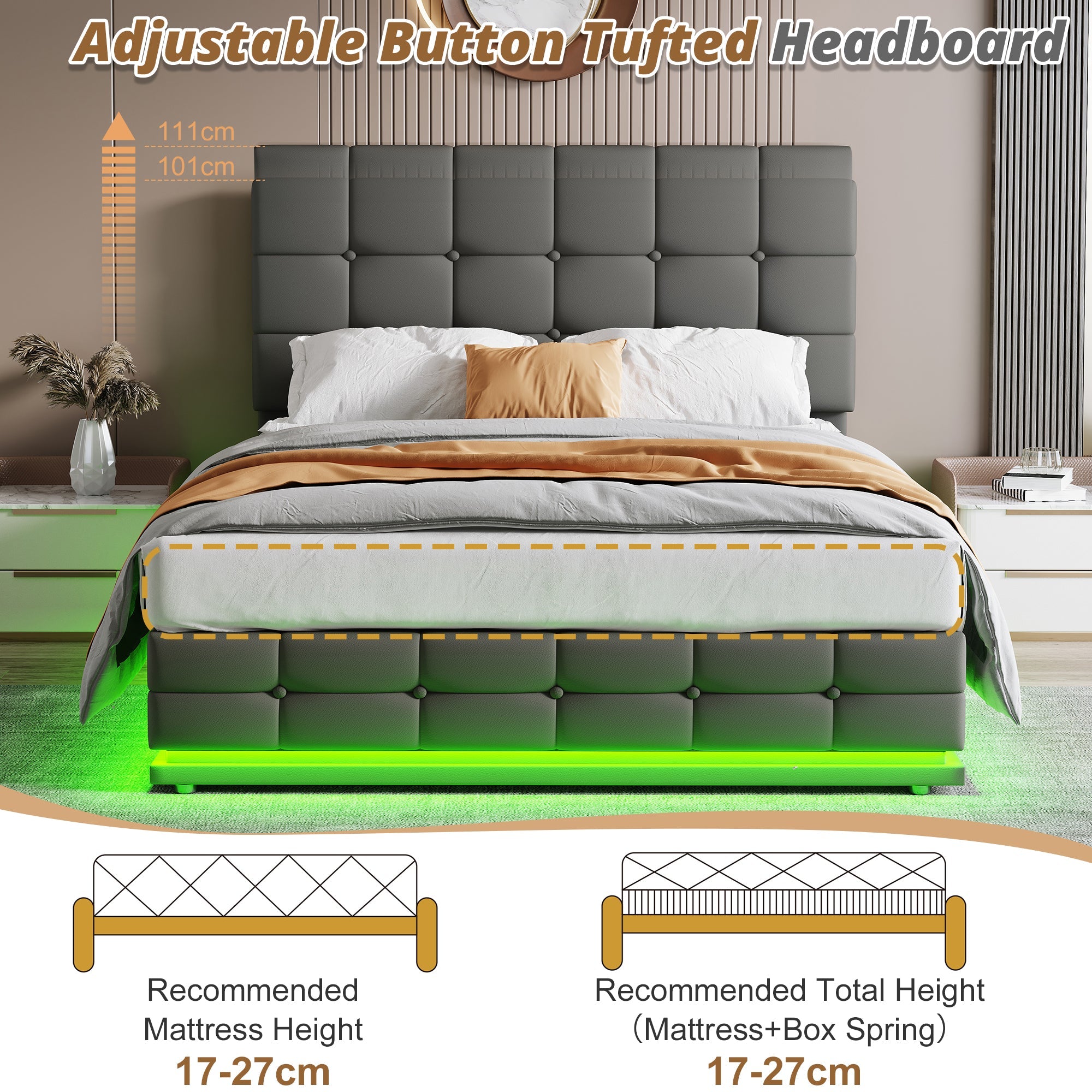 Ottoman Double Bed with LED Lighting, Hydraulic Storage, Adjustable Headboard, Grey PU Leather