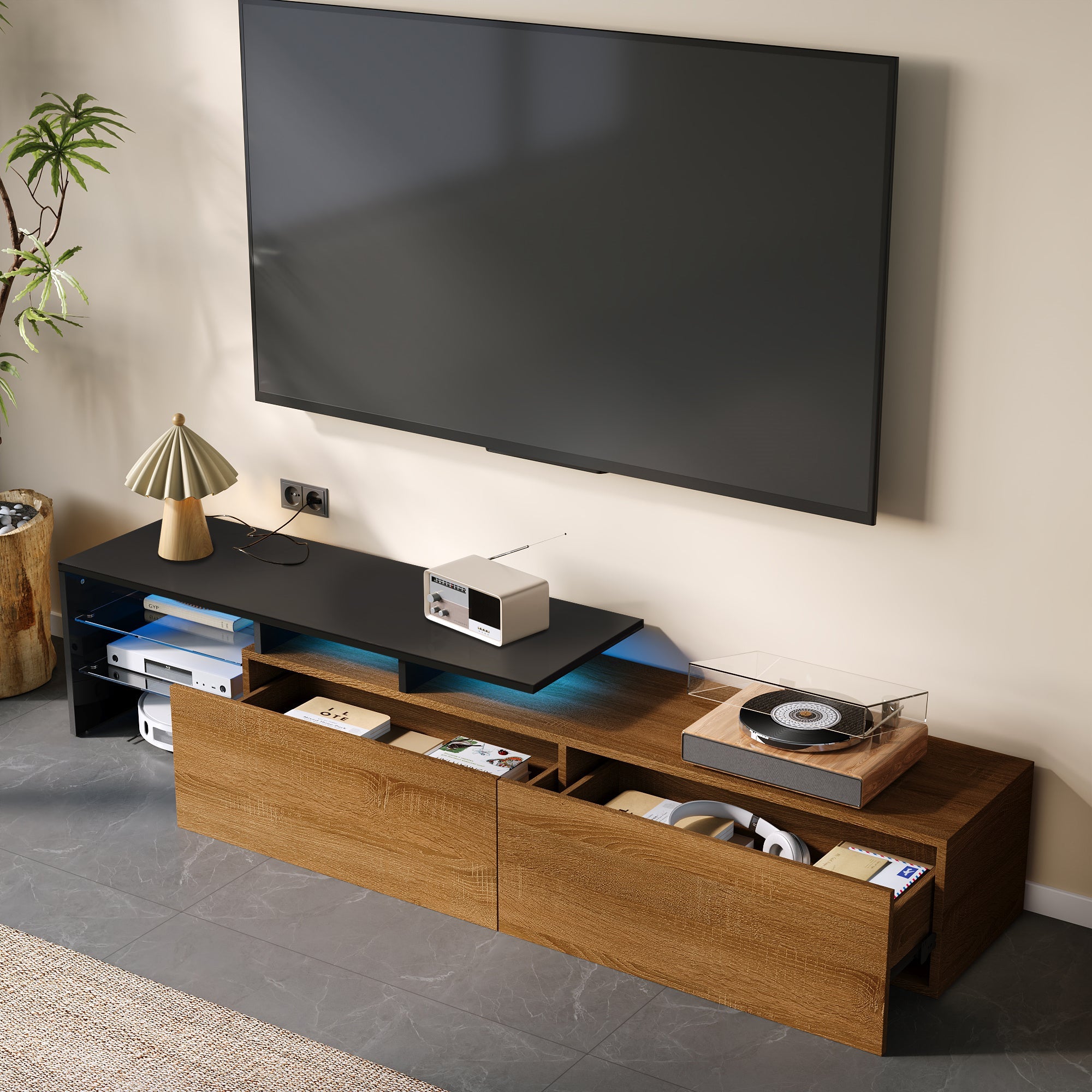 Modern TV Cabinet: Stylish, Elegant, Practical Storage with Glass Shelves, LED Lighting - Black and Wood Look