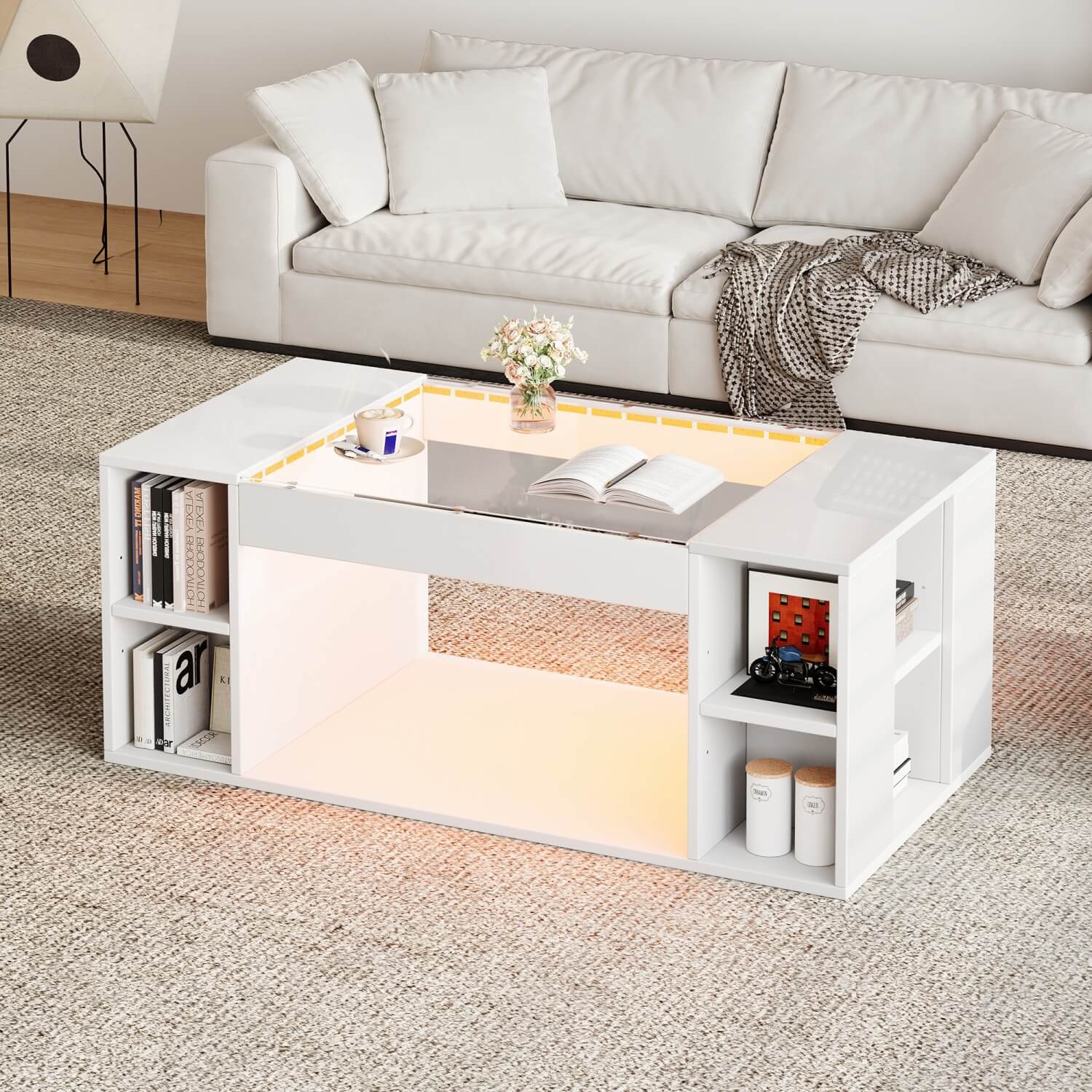 High Gloss White Coffee Table – LED Centre Table with Glass Top and Open Storage