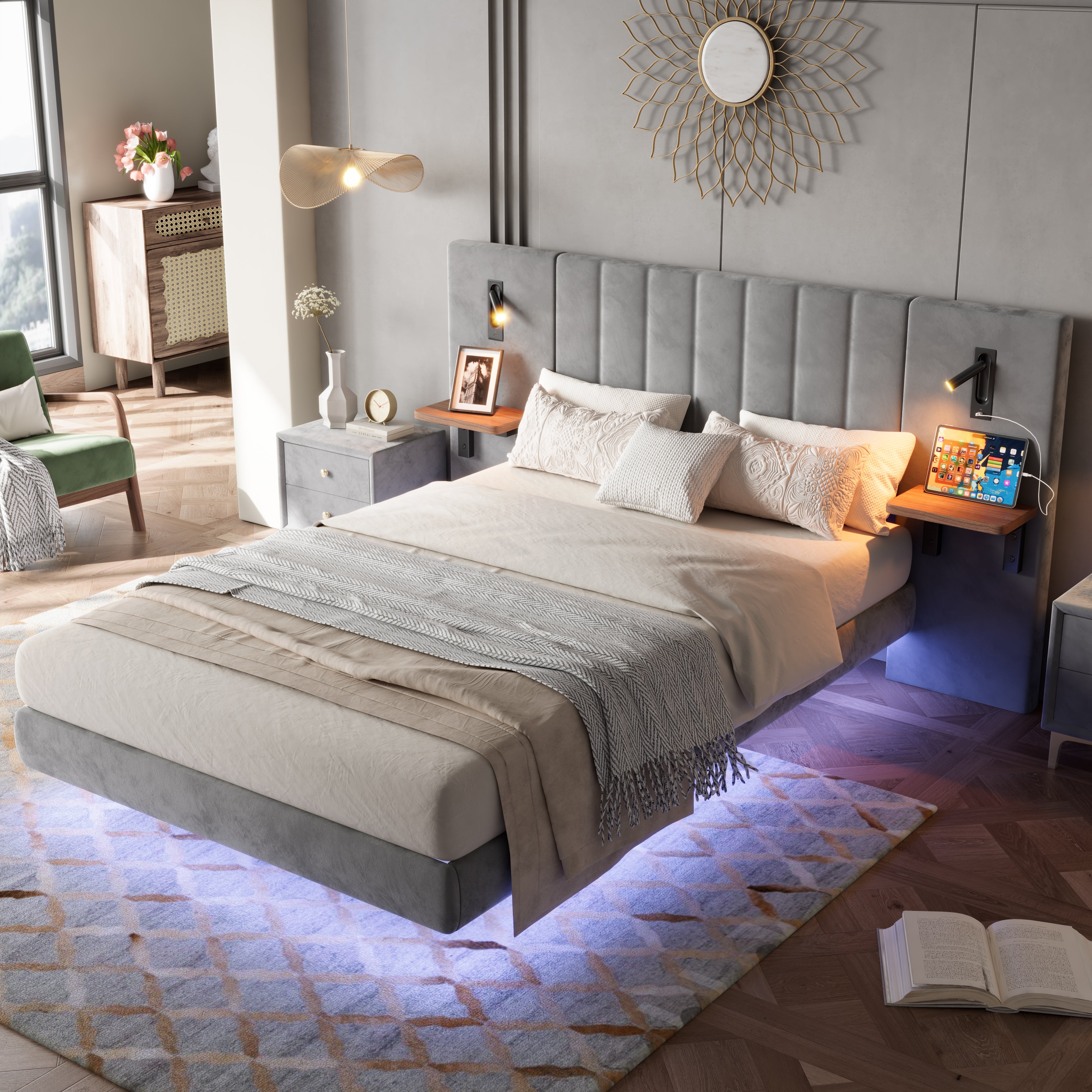Upholstered Bed with Lamps, Charging Socket, Storage, and Light Strip, Velvet+Iron Grey