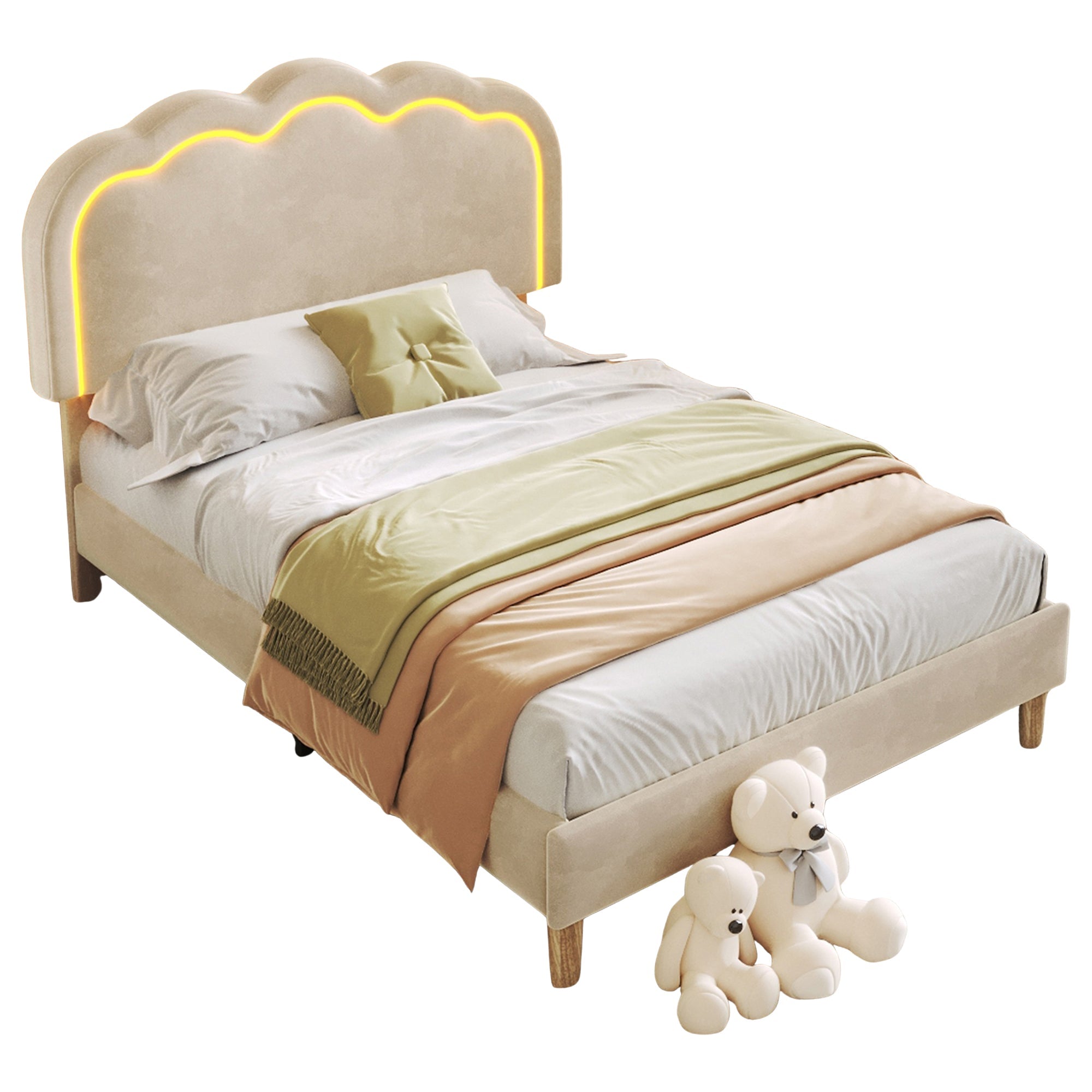 Upholstered Bed, Single with LED, Adjustable Height Headboard, Beige Velvet