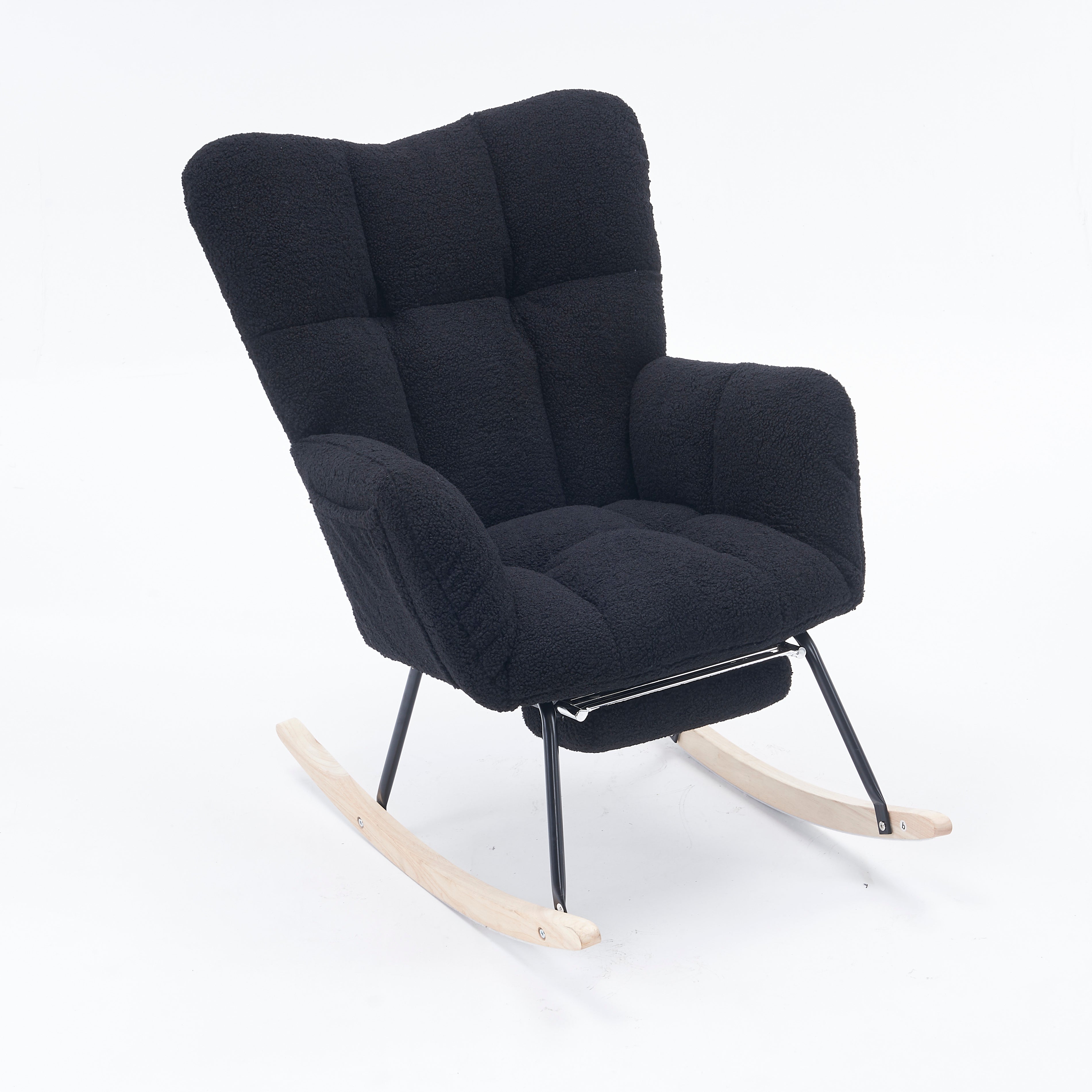 New Modern Teddy Fabric Tufted Upholstered Rocking Chair with Pull-Out Footrest, Black