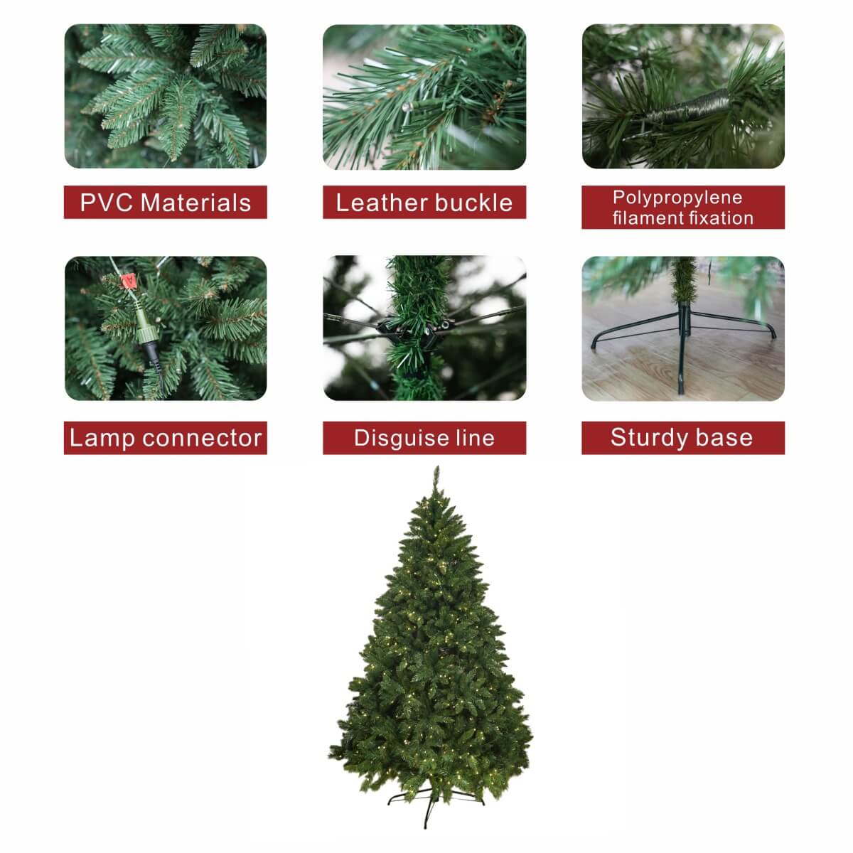 Artificial Christmas Tree – Realistic PVC Xmas Tree with Optional Pre-Lit Warm White LED Lights, 5ft 6ft 7ft, Metal Stand