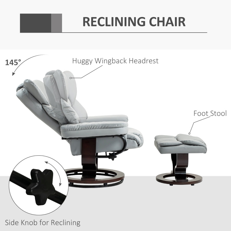 360¡ã Swivel Recliner Chair with Footstool, Manual Recliner Armchair, PU Leather Light Grey