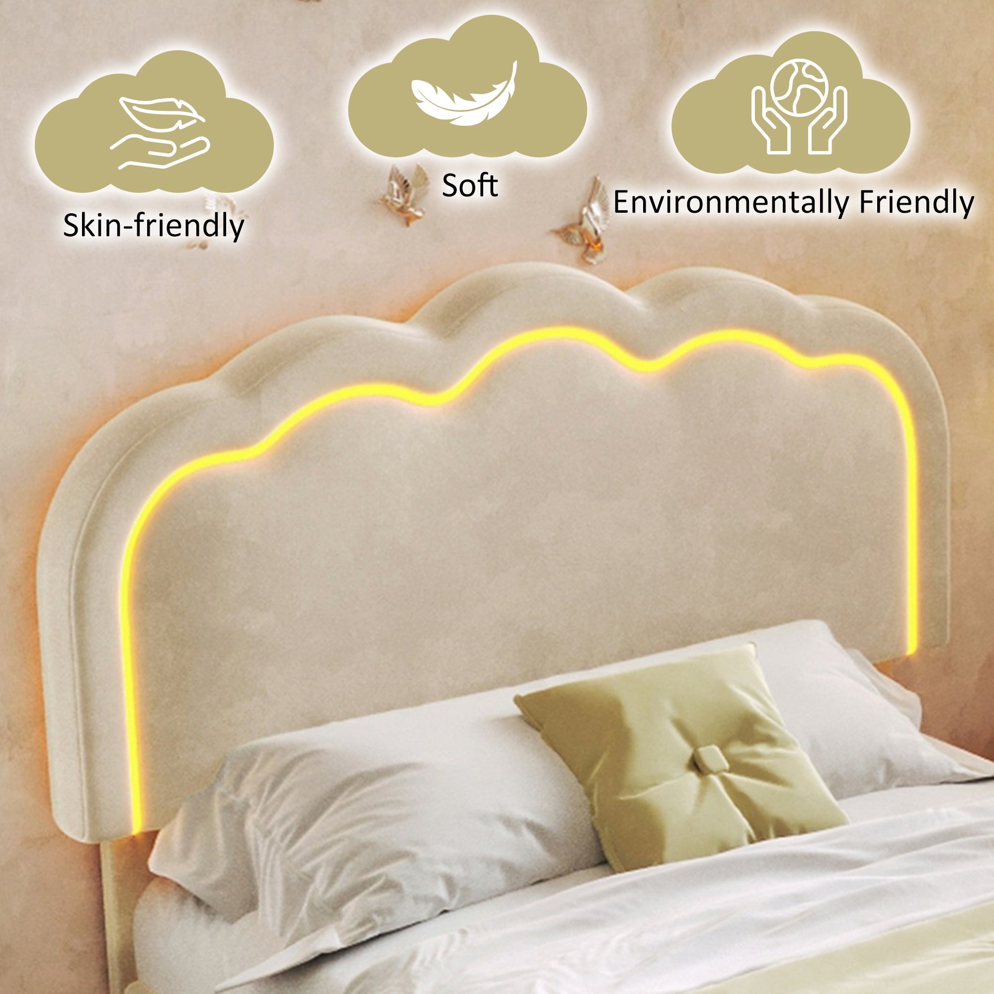 Upholstered Bed, Single with LED, Adjustable Height Headboard, Beige Velvet