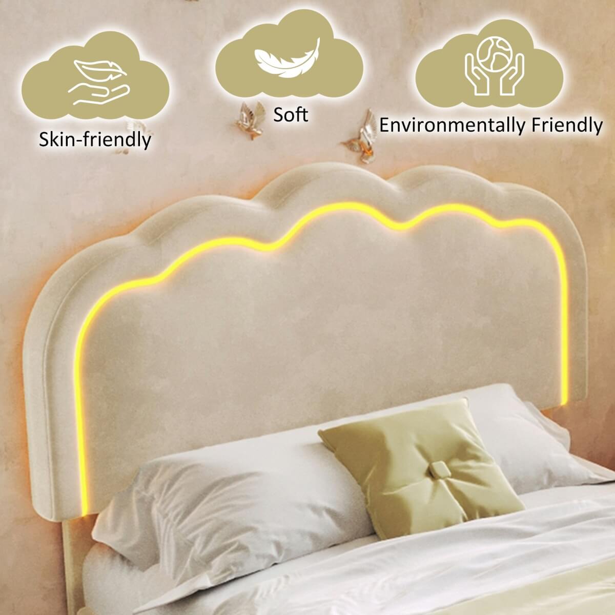 3ft Single Kids Bed with LED - Upholstered Velvet Bed Frame, Adjustable Headboard & Slatted Base, Beige