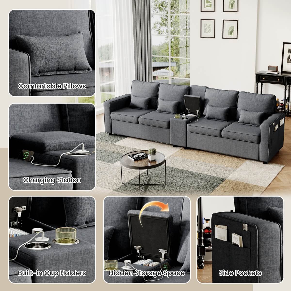 4-Seater Modern Sofa – Grey Linen, Storage Console, Cup Holders & USB/Type-C Charging