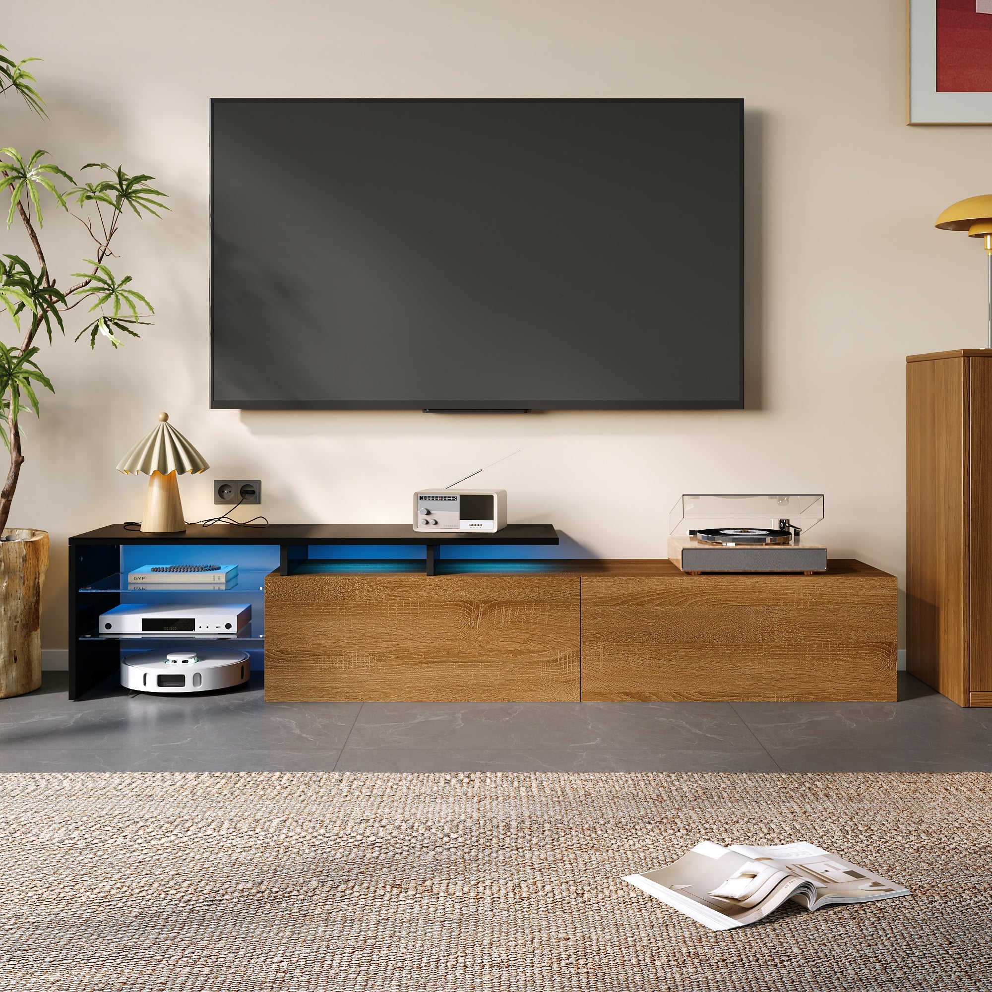 Modern TV Cabinet: Stylish, Elegant, Practical Storage with Glass Shelves, LED Lighting - Black and Wood Look