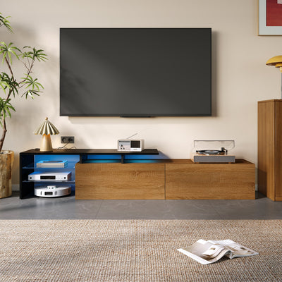 Modern TV Cabinet: Stylish, Elegant, Practical Storage with Glass Shelves, LED Lighting - Black and Wood Look