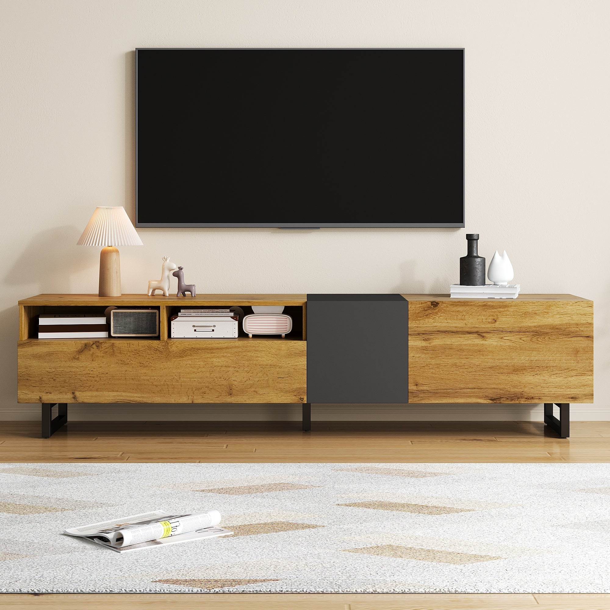 Colorblock TV Cabinet, Three Doors Two Compartments U-Shaped Legs, Retro Wood Grain