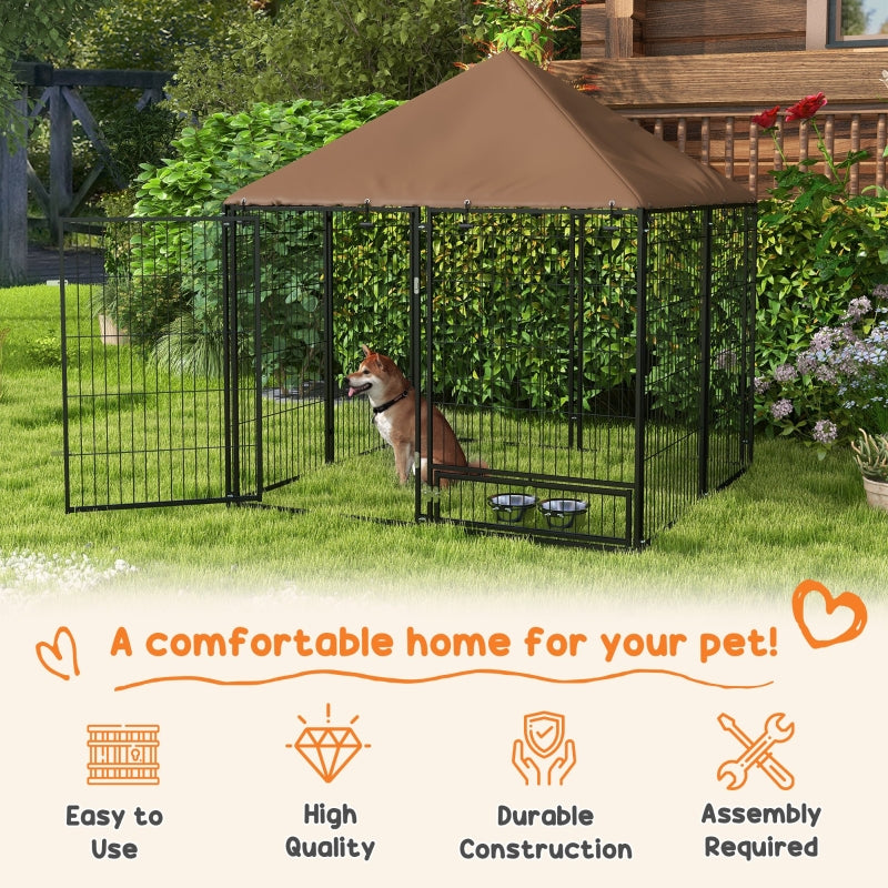 Outdoor Dog Kennel Play Pen with Canopy and Rotating Bowl