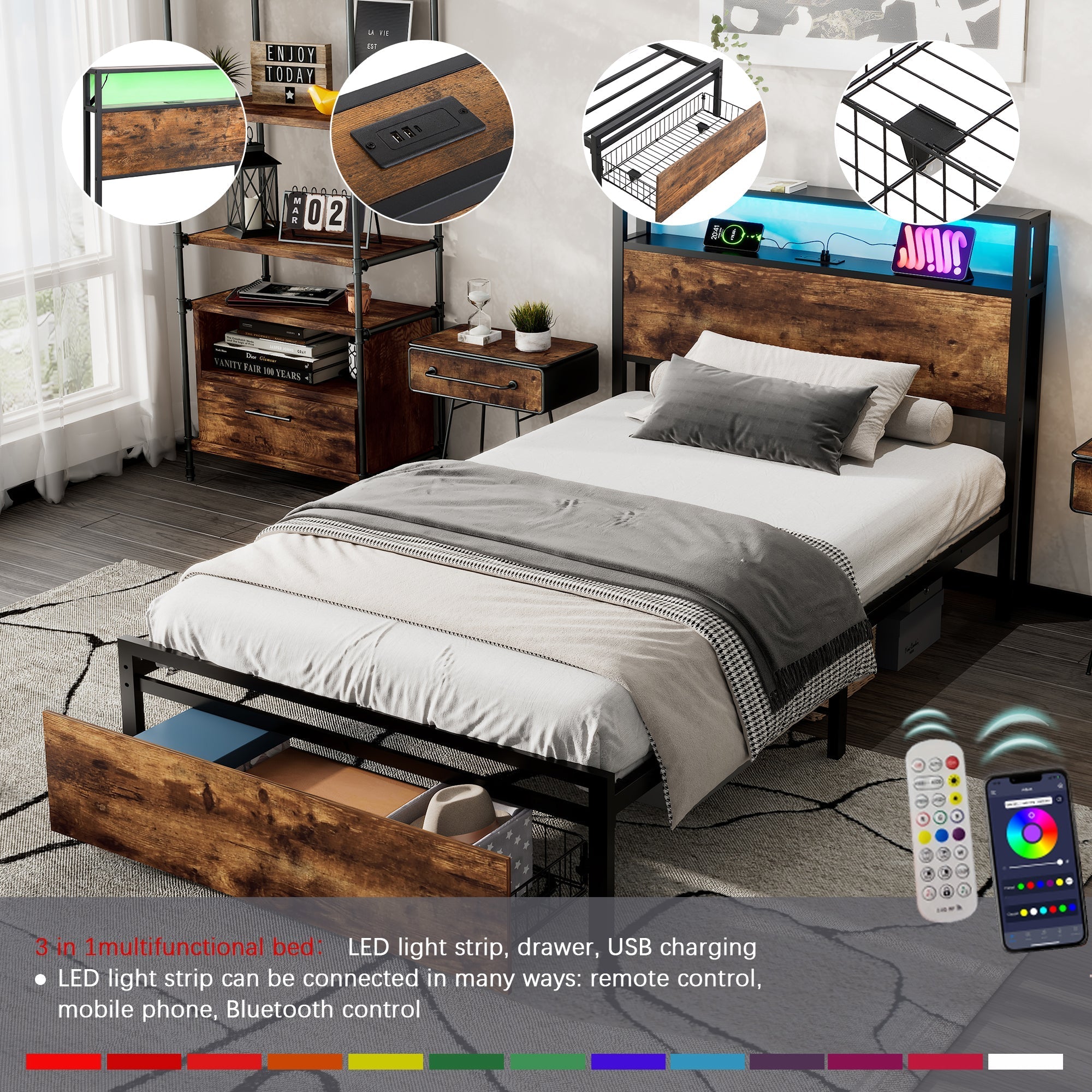 Metal Bed, 3FT Single with LED Light Strip & Drawer, Black & Walnut