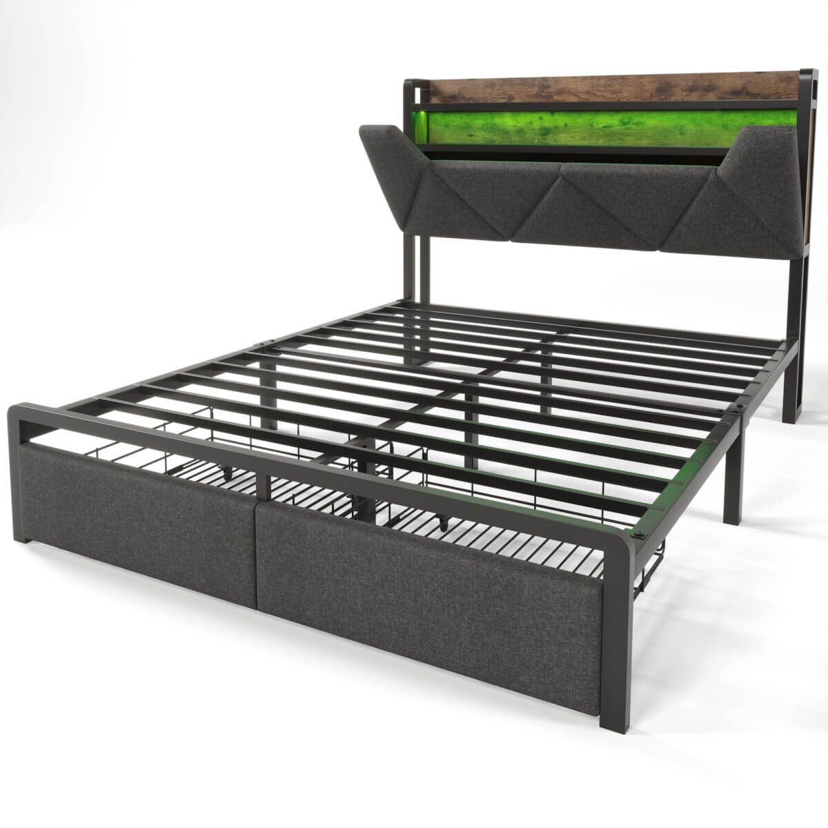 4FT6 Double Upholstered Storage Bed - LED Bed Frame with USB-C Charging & Storage Headboard