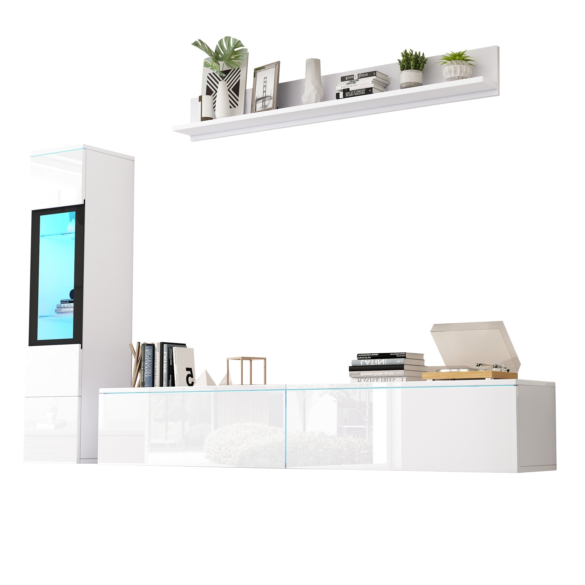 Set of 3 TV Wall Unit, LED TV Stand & Display Cabinet, High Gloss White