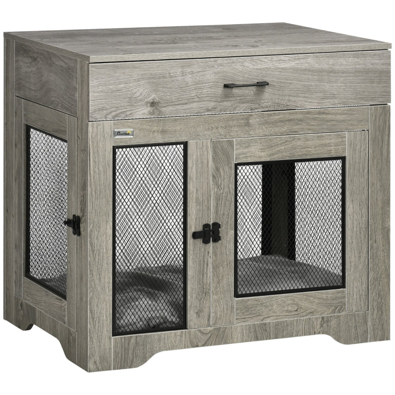 PawHut Dog Cage End Table with Two Doors, Drawer, Grey