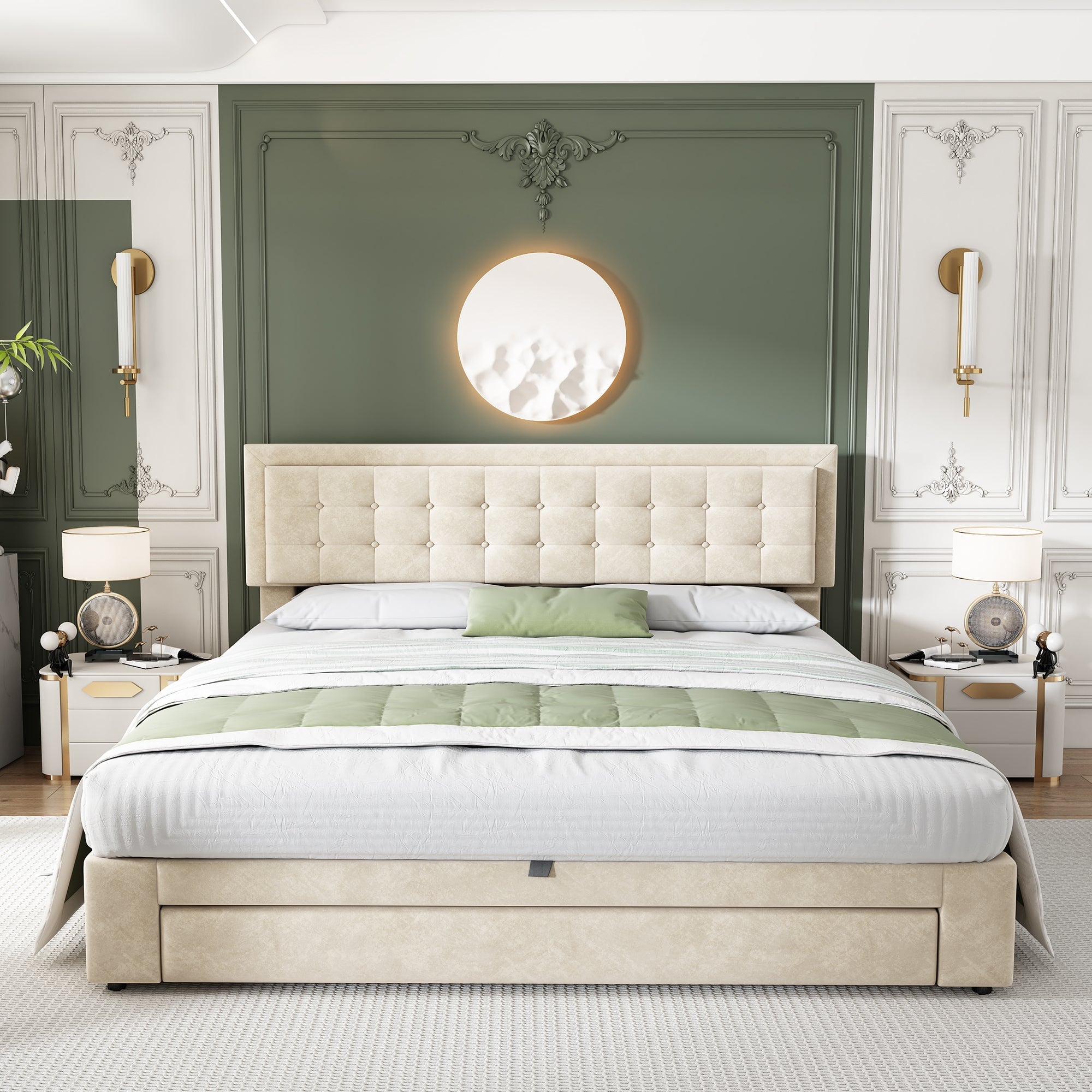 Upholstered Bed, King Size 150x200cm with Large Storage, Slats and Headboard, Velvet Fabric, Cream