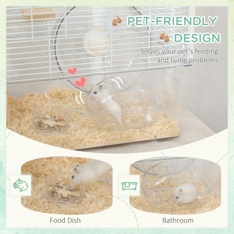 Hamster/Gerbil Cage with Wooden Ramp, Exercise Wheel, Food Bowl - White
