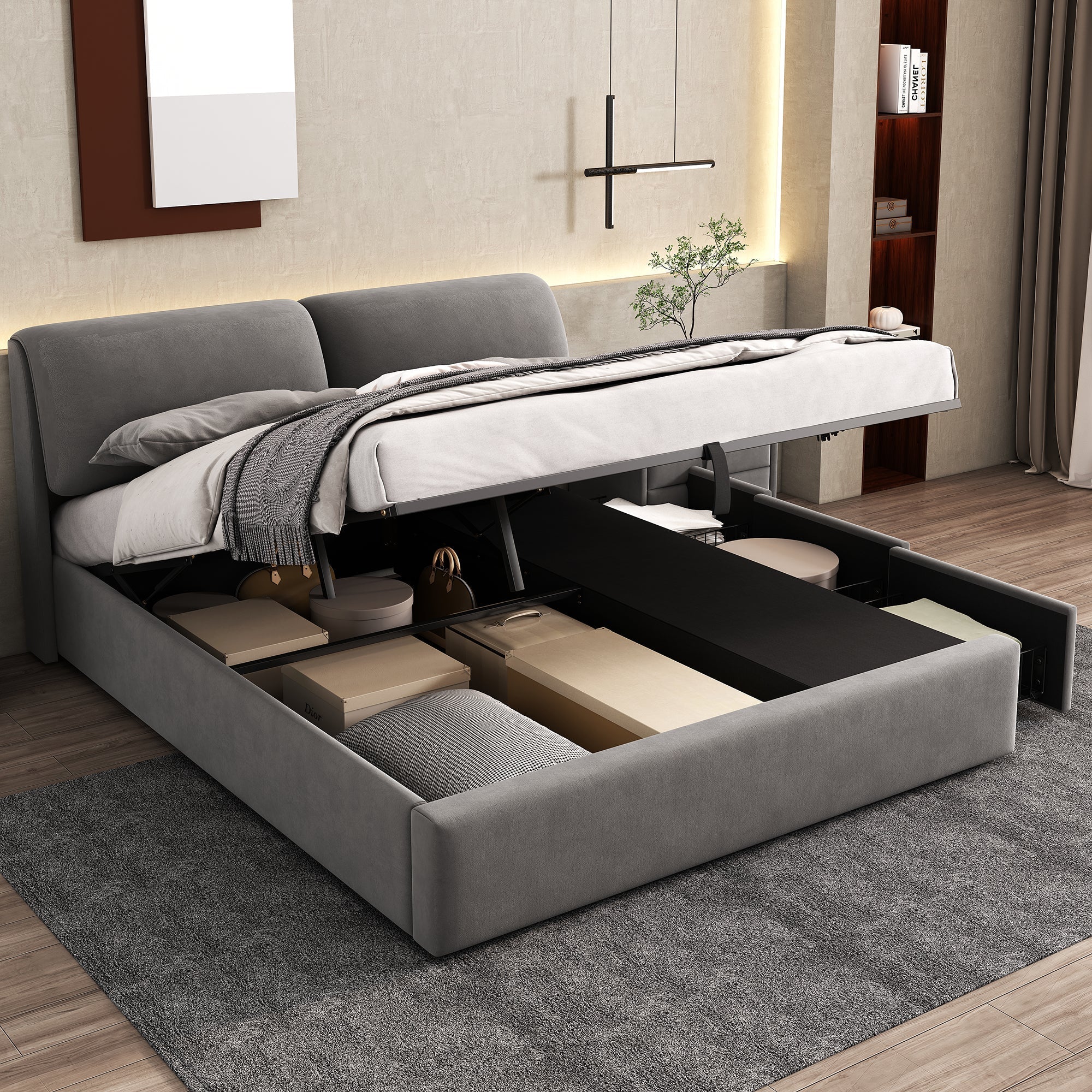Upholstered Bed, King Size 5ft (150x200cm) with Hydraulic Lift, 3 Drawers & Storage Box, Velvet Grey