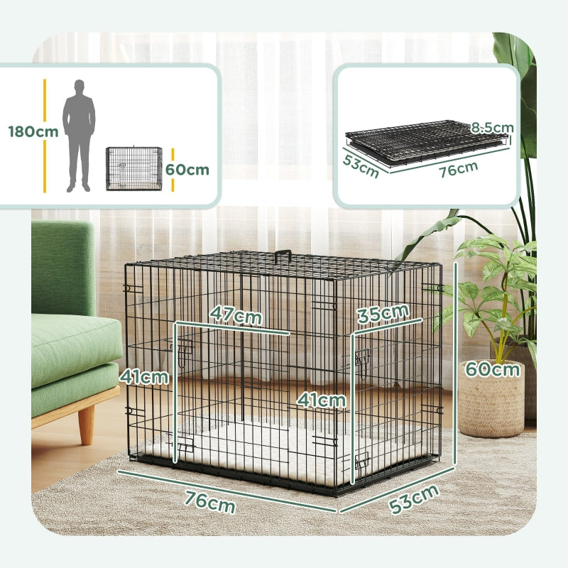 Dog Crate Foldable with 2 Doors, Tray & Soft Cushion, Black