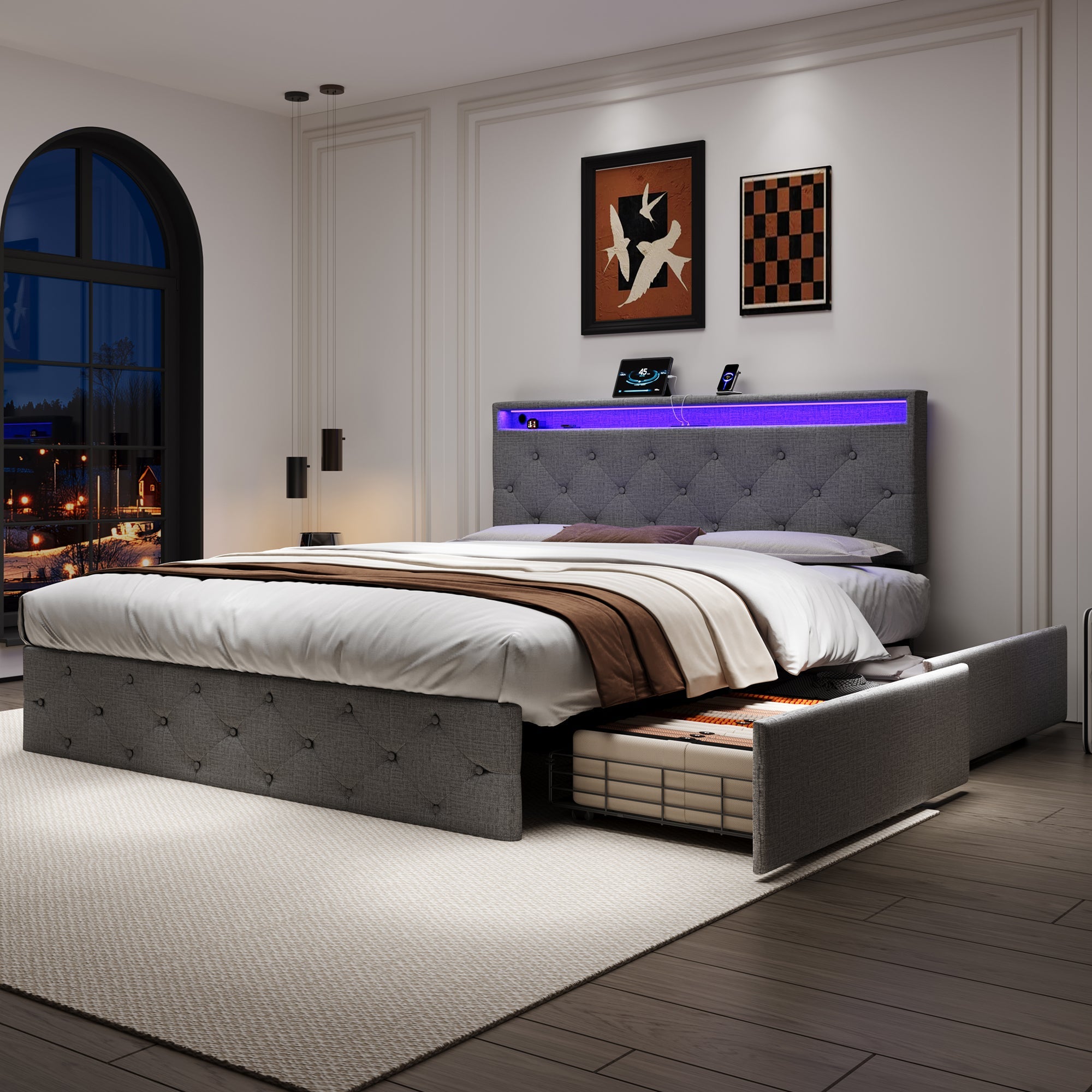 4ft6 Double Upholstered Bed with 4 Storage Drawers, LED Charging Station, Linen Grey