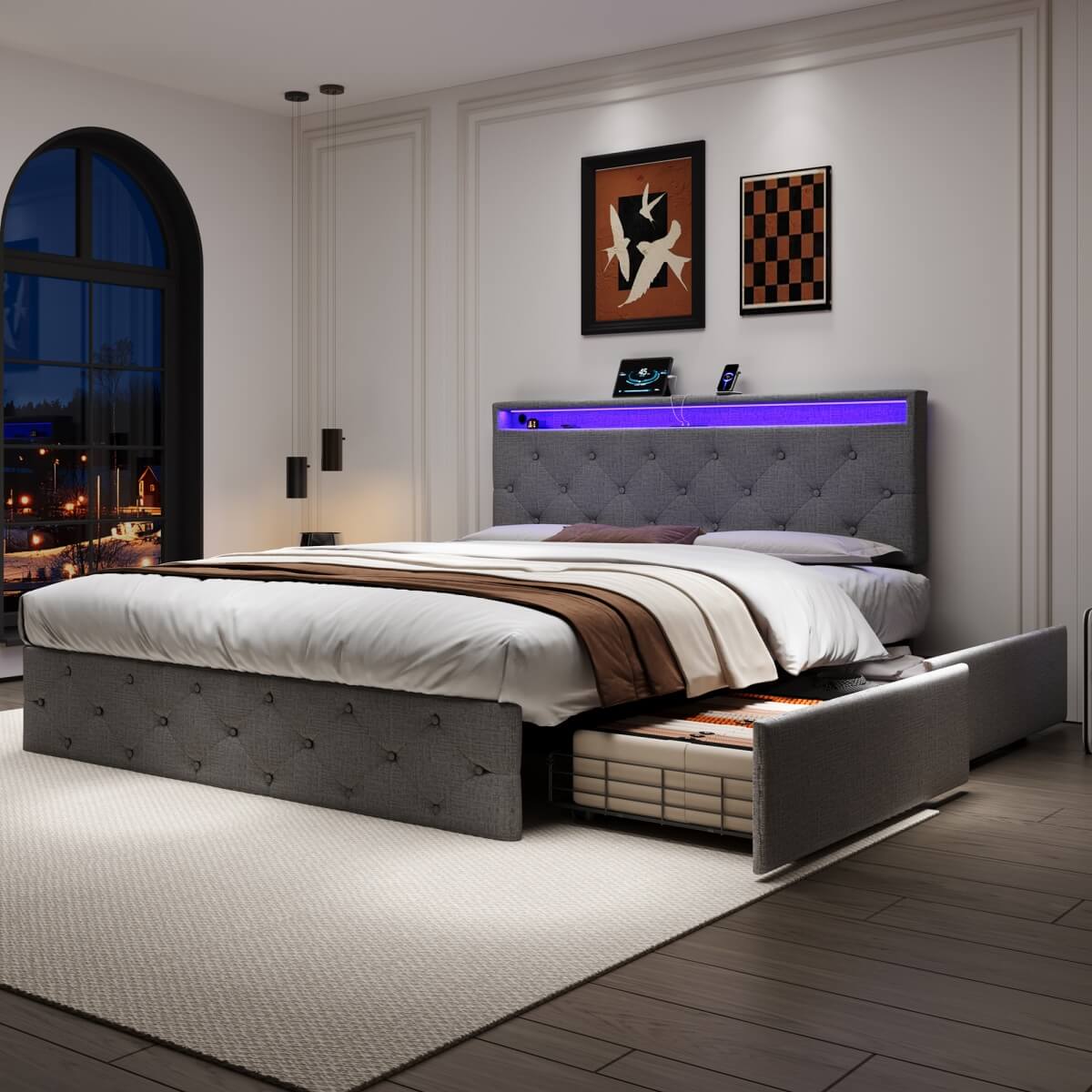 4ft6 Double Upholstered Storage Bed - LED Drawers with USB & Type-C Charging, Adjustable Tufted Headboard