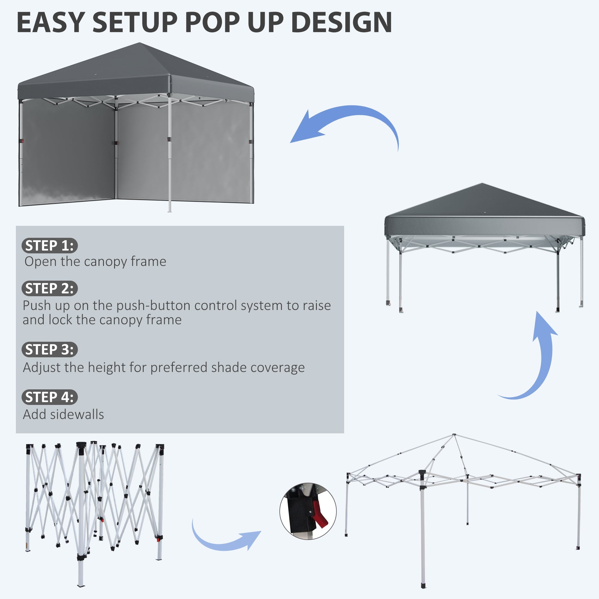 Pop Up Gazebo 3 x 3 (M), UPF 30+, 2 Sidewalls, Leg Weight Bags, Wheeled Bag, Height Adjustable, Dark Grey
