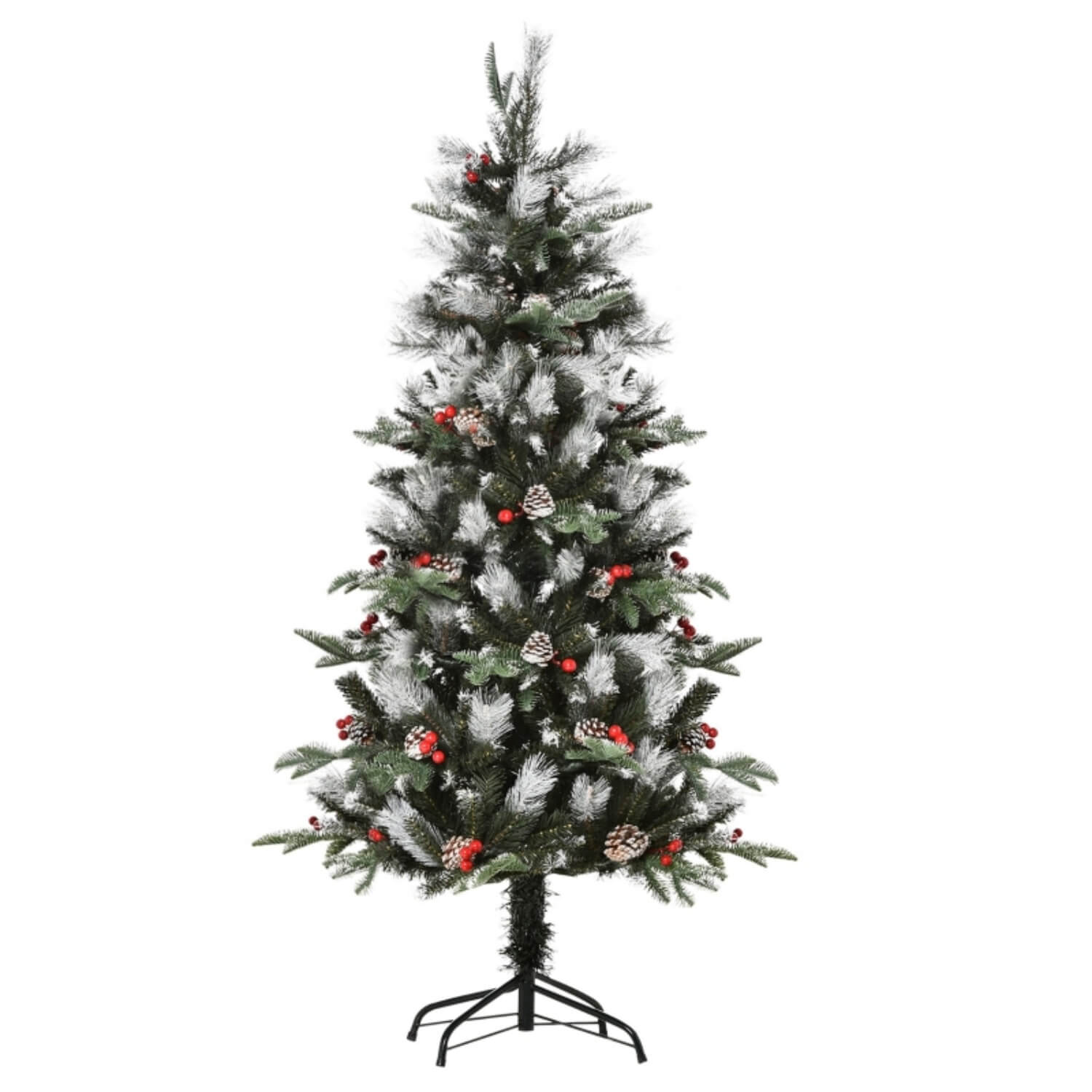 5ft Artificial Snow Dipped Christmas Tree – Pencil Style with Red Berries & White Pinecones, Foldable Feet for Easy Setup