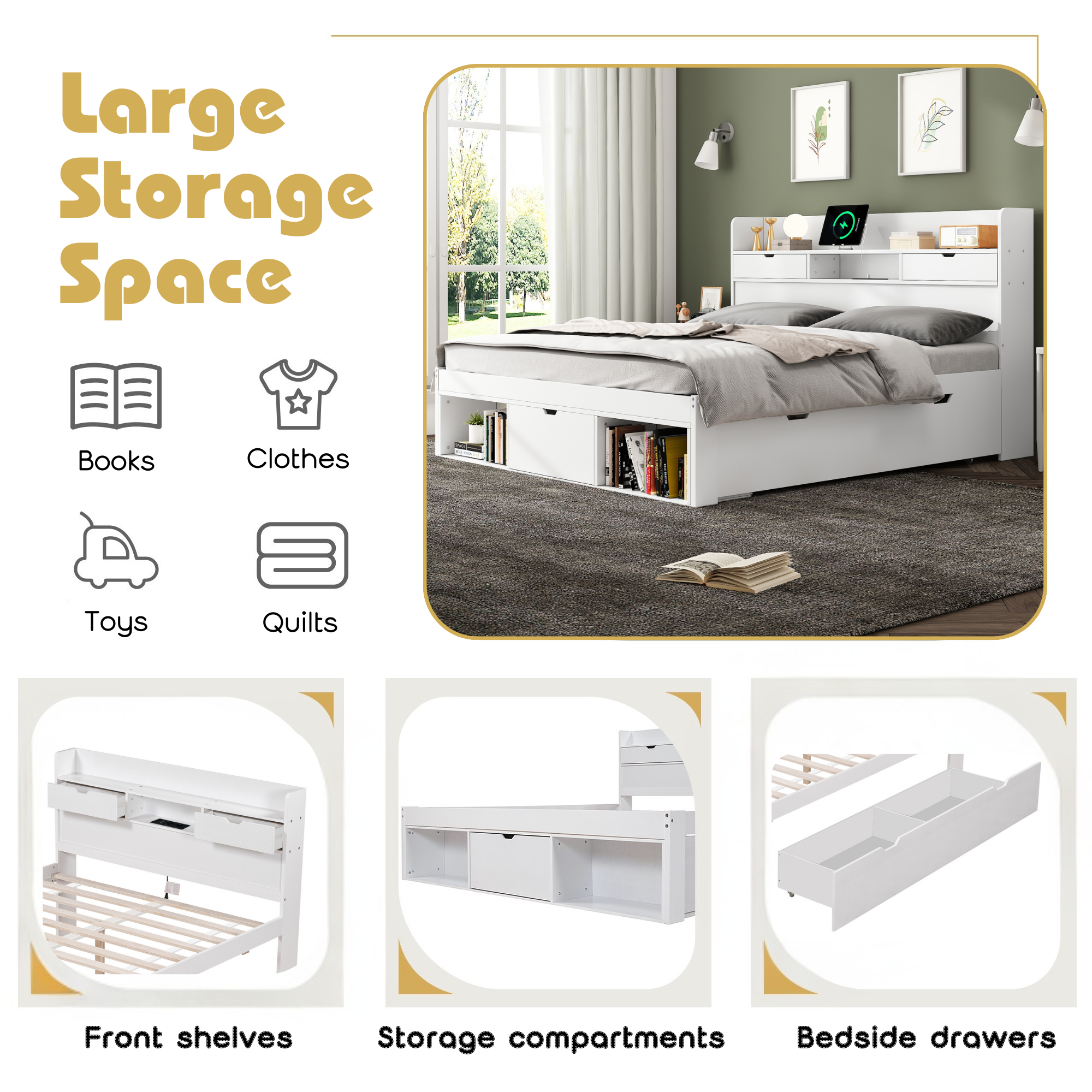 Double Bed 4ft6 (135*190cm) with USB Port, Drawers & Storage Cabinet, White