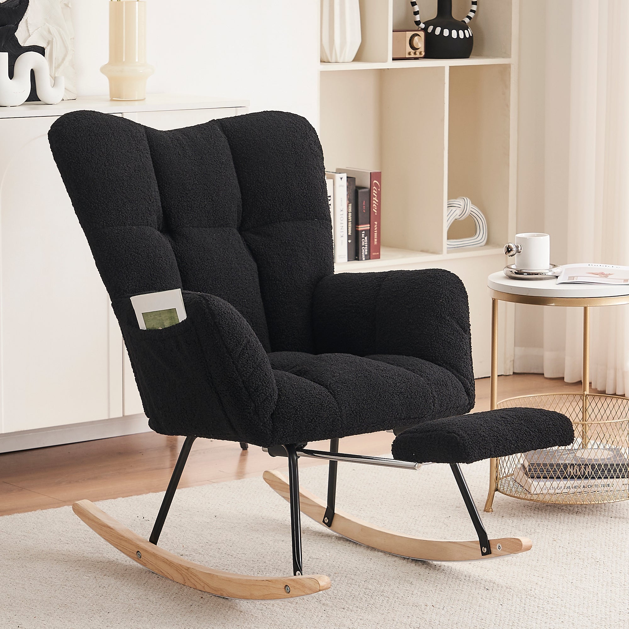 New Modern Teddy Fabric Tufted Upholstered Rocking Chair with Pull-Out Footrest, Black