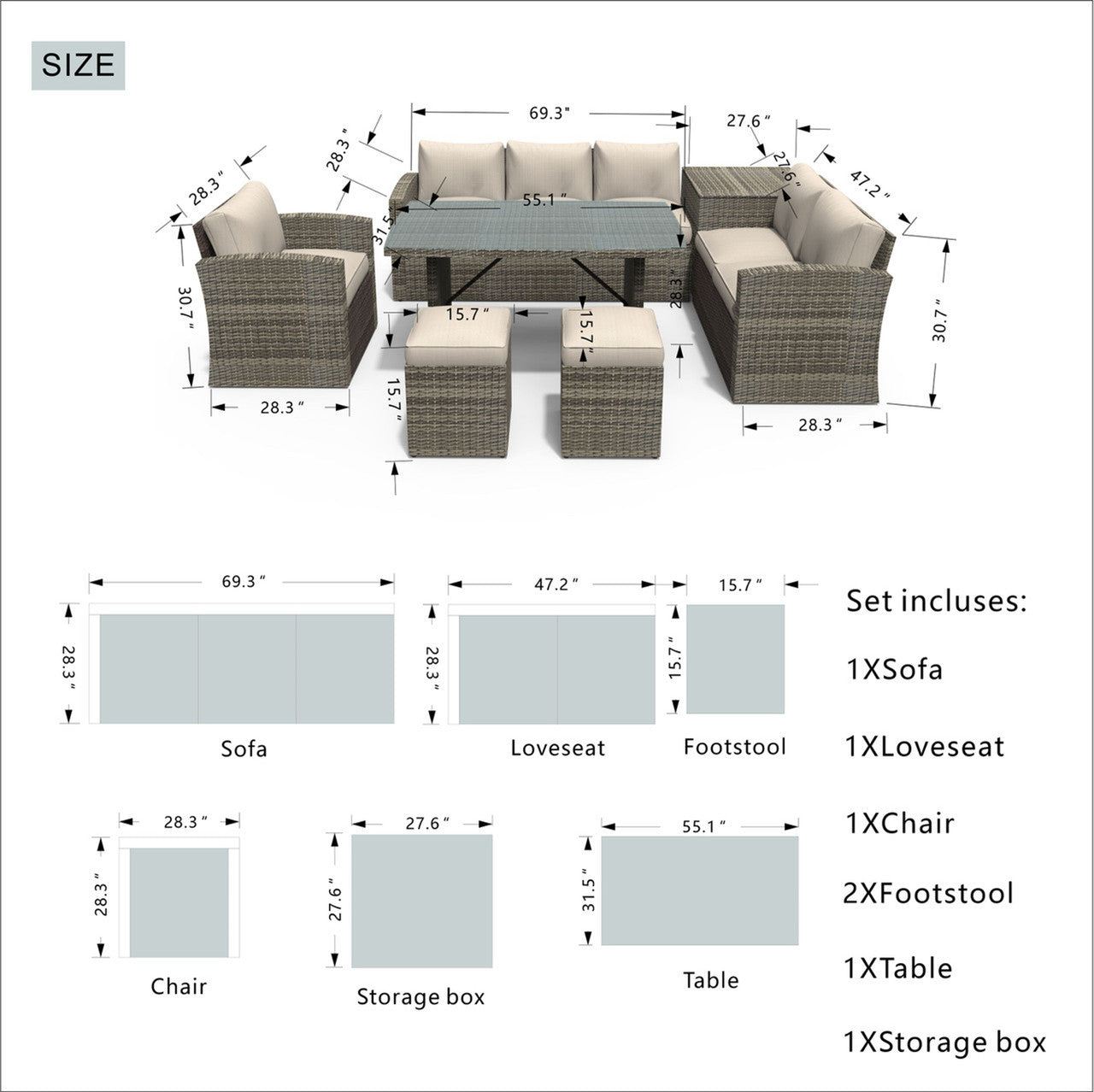 8-Seater  Outdoor Rattan Conversation Set with Storage Box - PAS-1403B