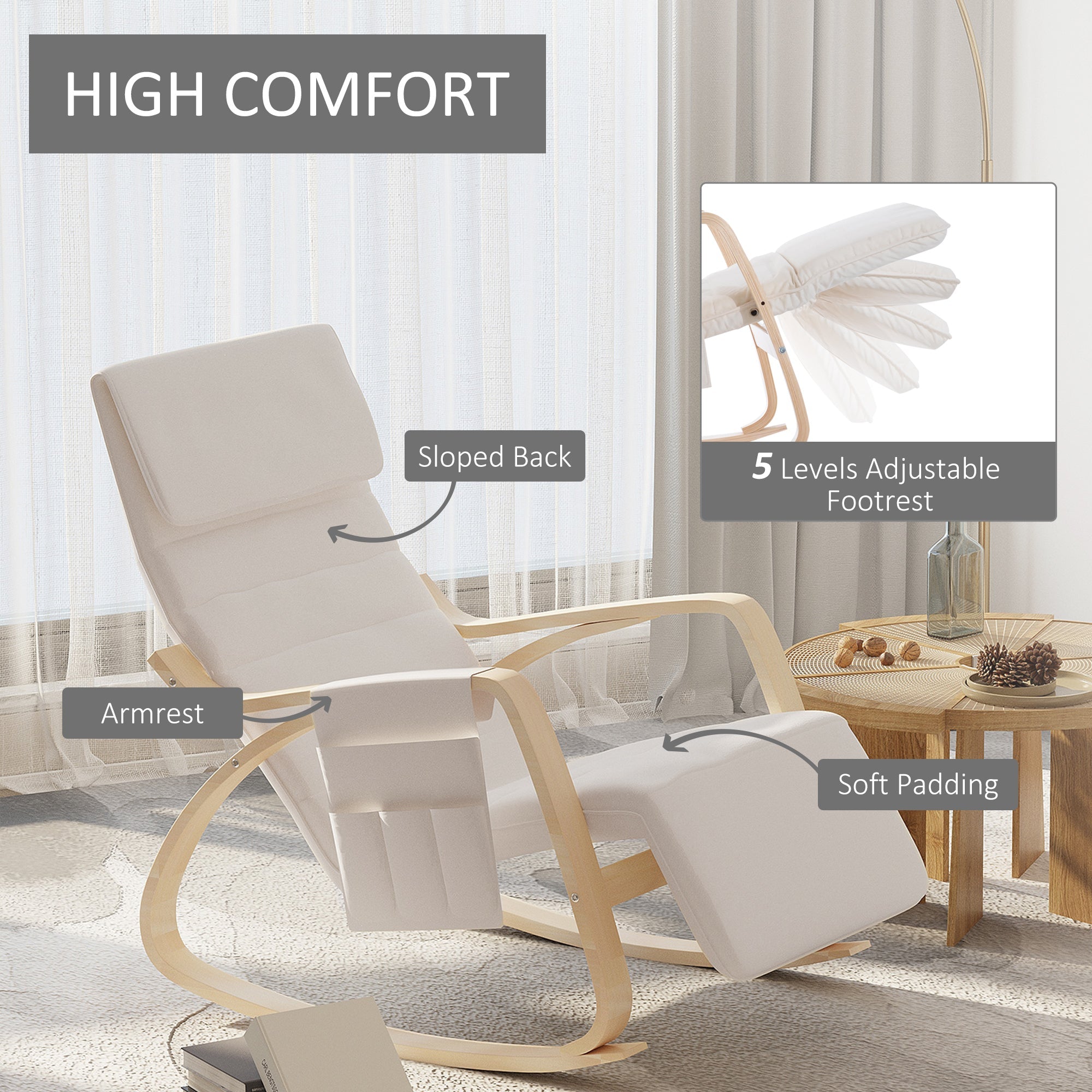 Rocking Lounge Chair Recliner with Adjustable Footrest, Side Pocket, Cream White