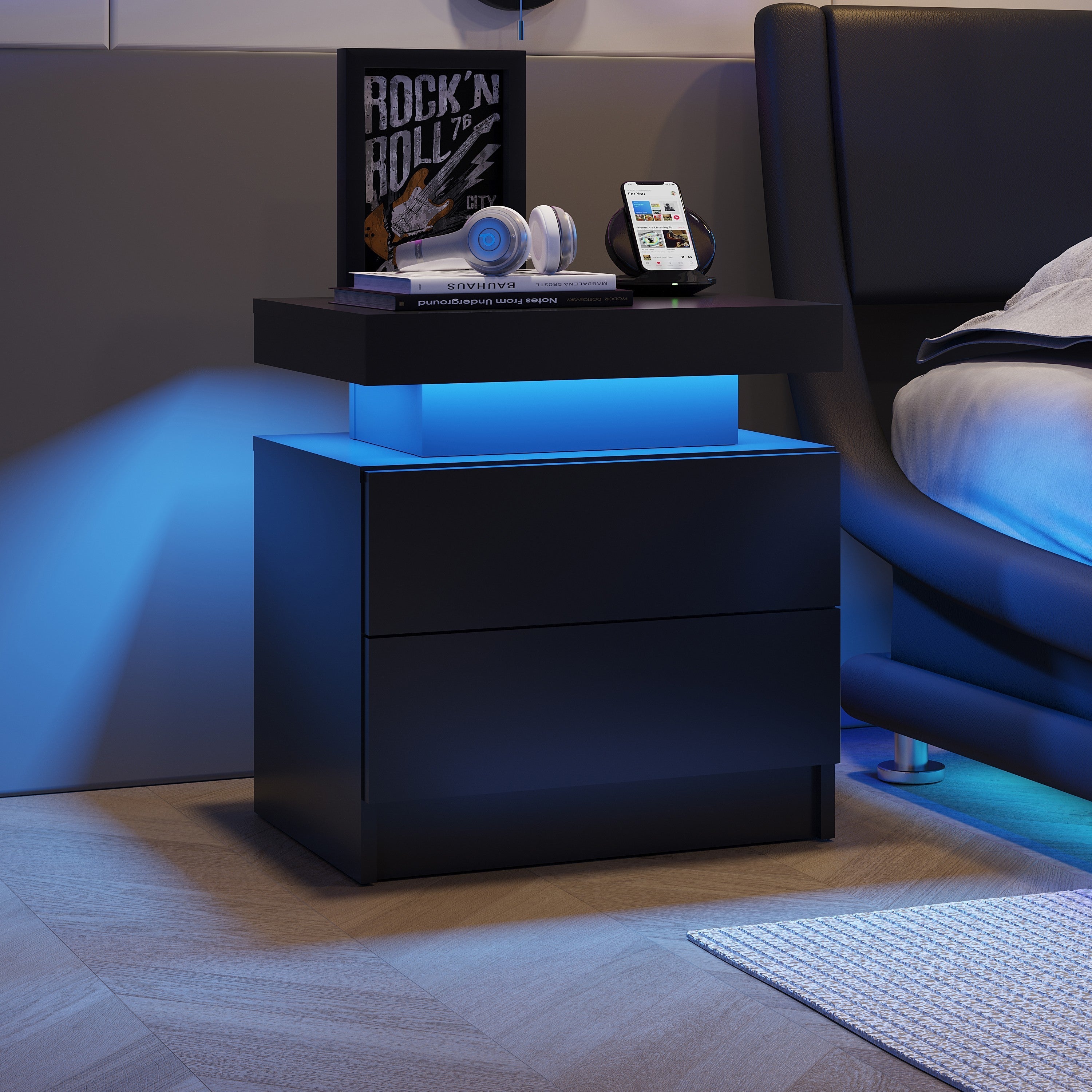 Nightstand LED Bedside Table Cabinet Lights Modern End Side with 2 Drawers for Bedroom (Black)