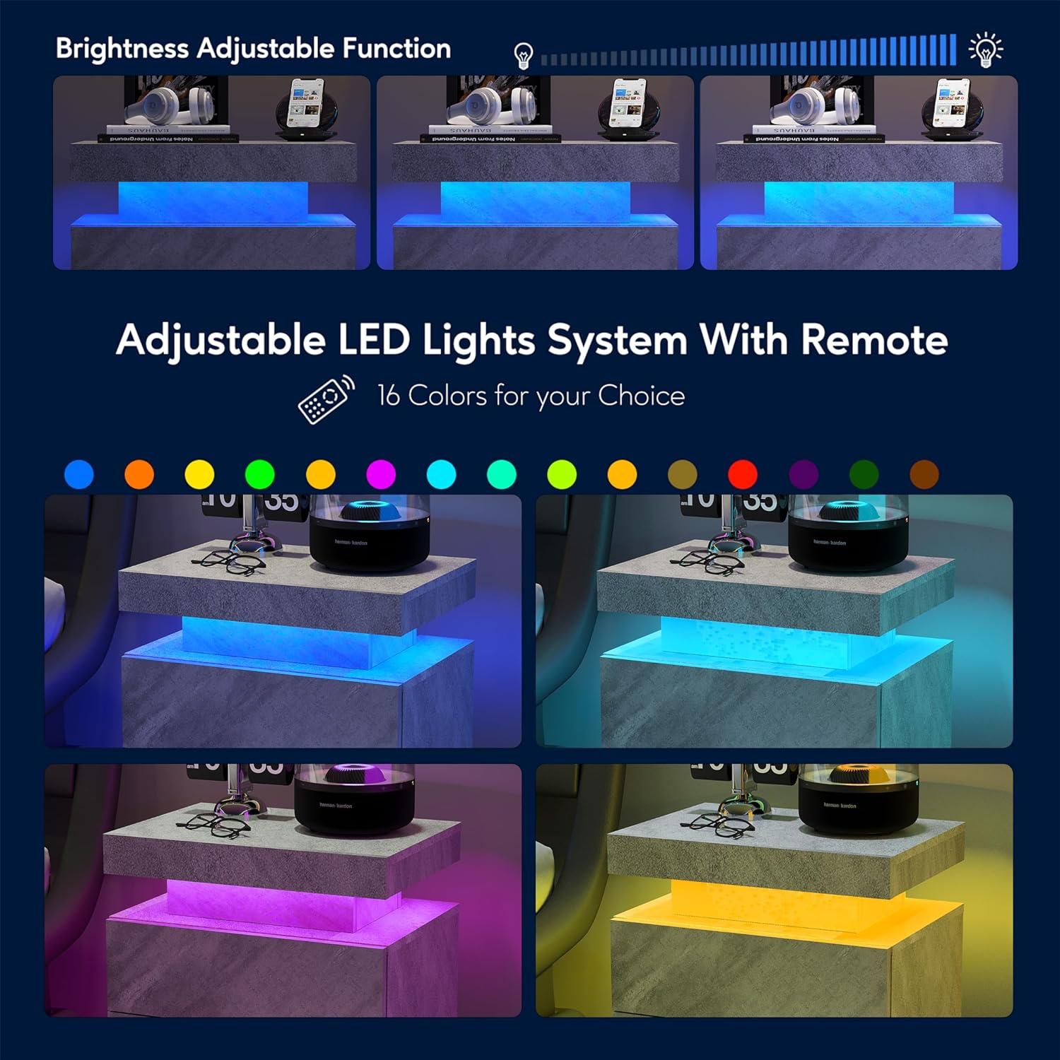 Nightstand LED Bedside Table Cabinet Lights Modern End Side with 2 Drawers for Bedroom (Gray)